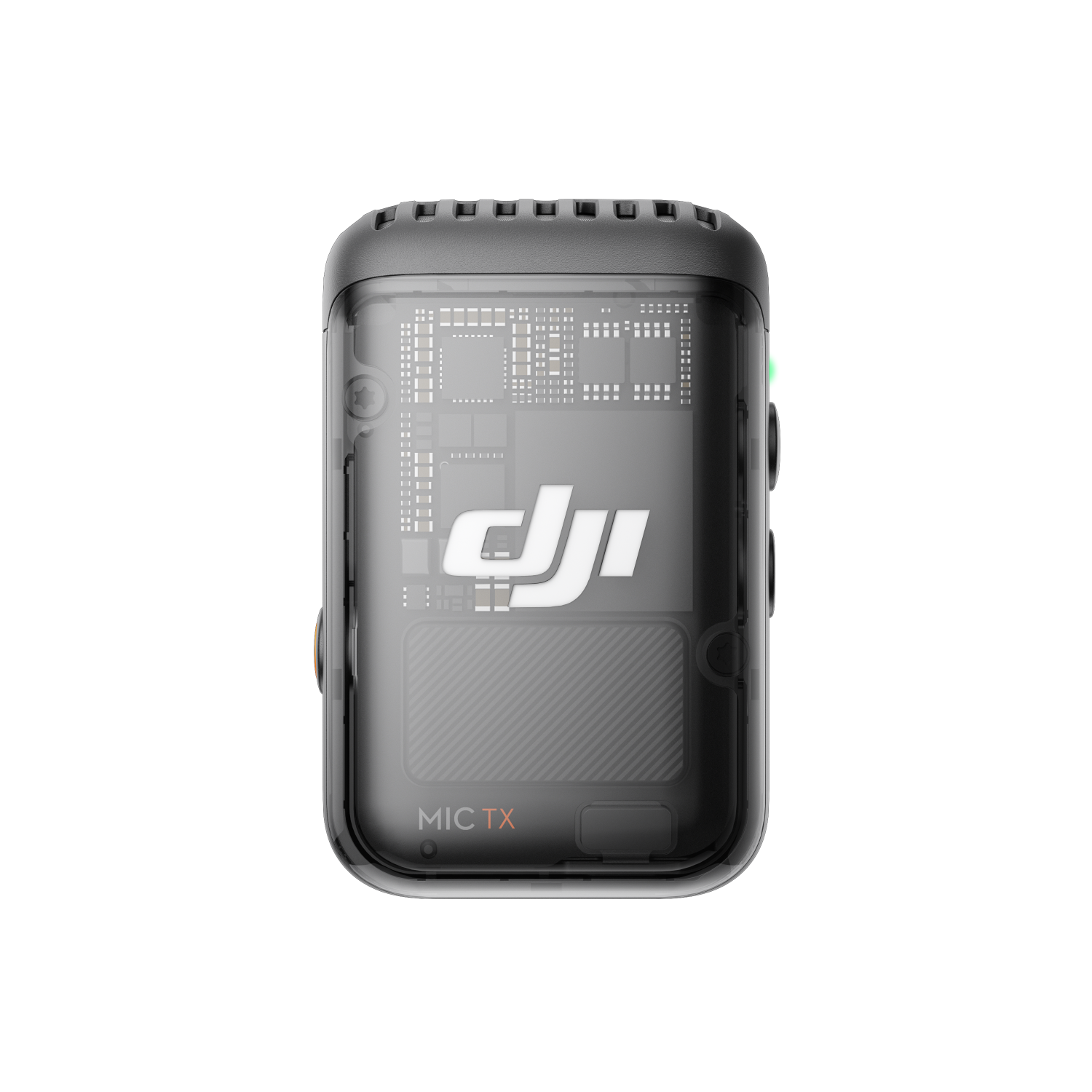 DJI Mic TX, mały czarny nadajnik audio z przezroczystym przodem.