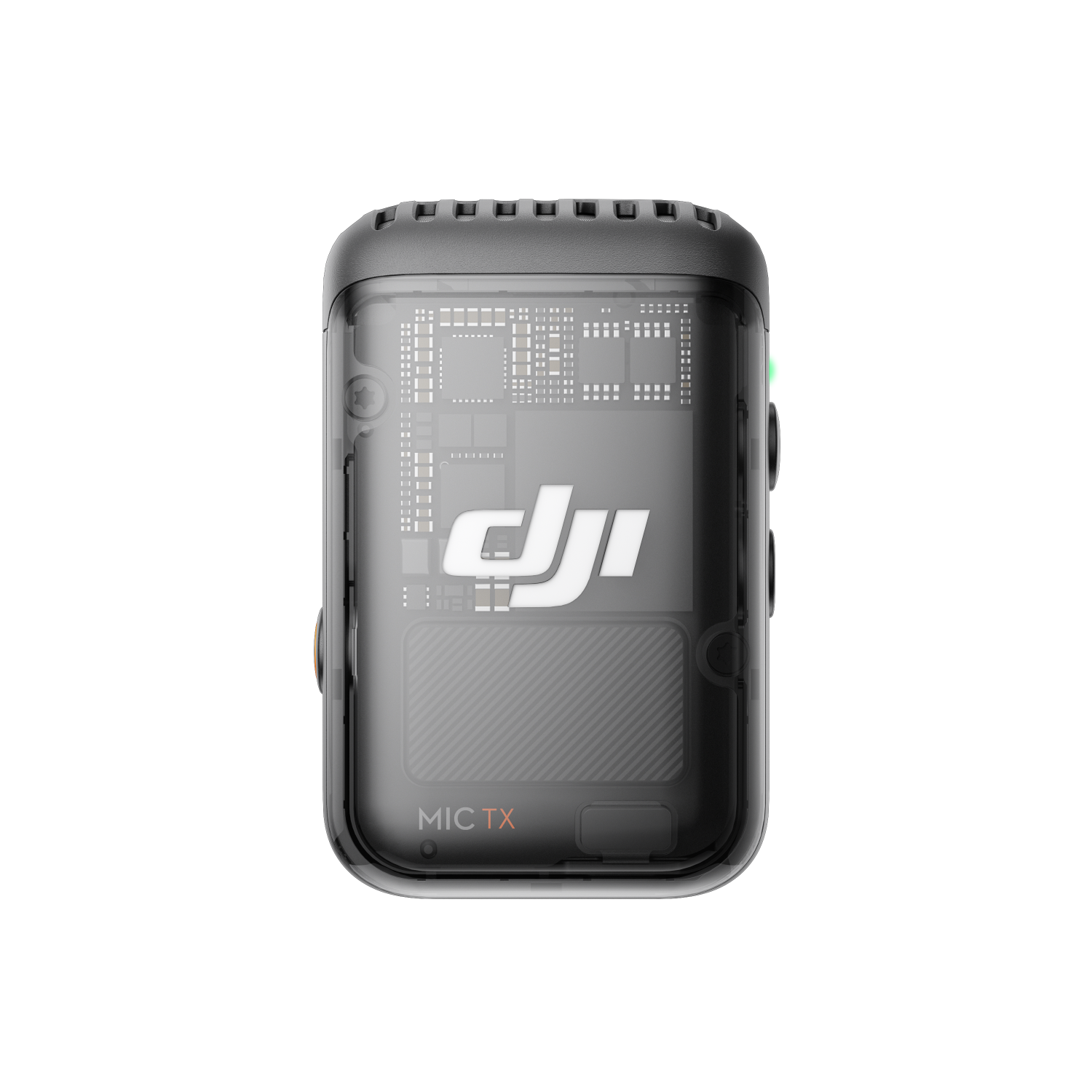 Czarny nadajnik mikrofonu DJI z przezroczystym panelem i zielonym wskaźnikiem świetlnym.