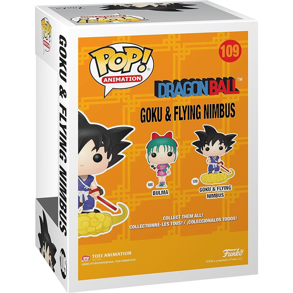 Grafika pudełka dla figurki Funko Pop! z Dragon Ball Z. Przedstawia Goku na latającym Nimbusie, Bulmę i napis 'Goku & Flying Nimbus'.