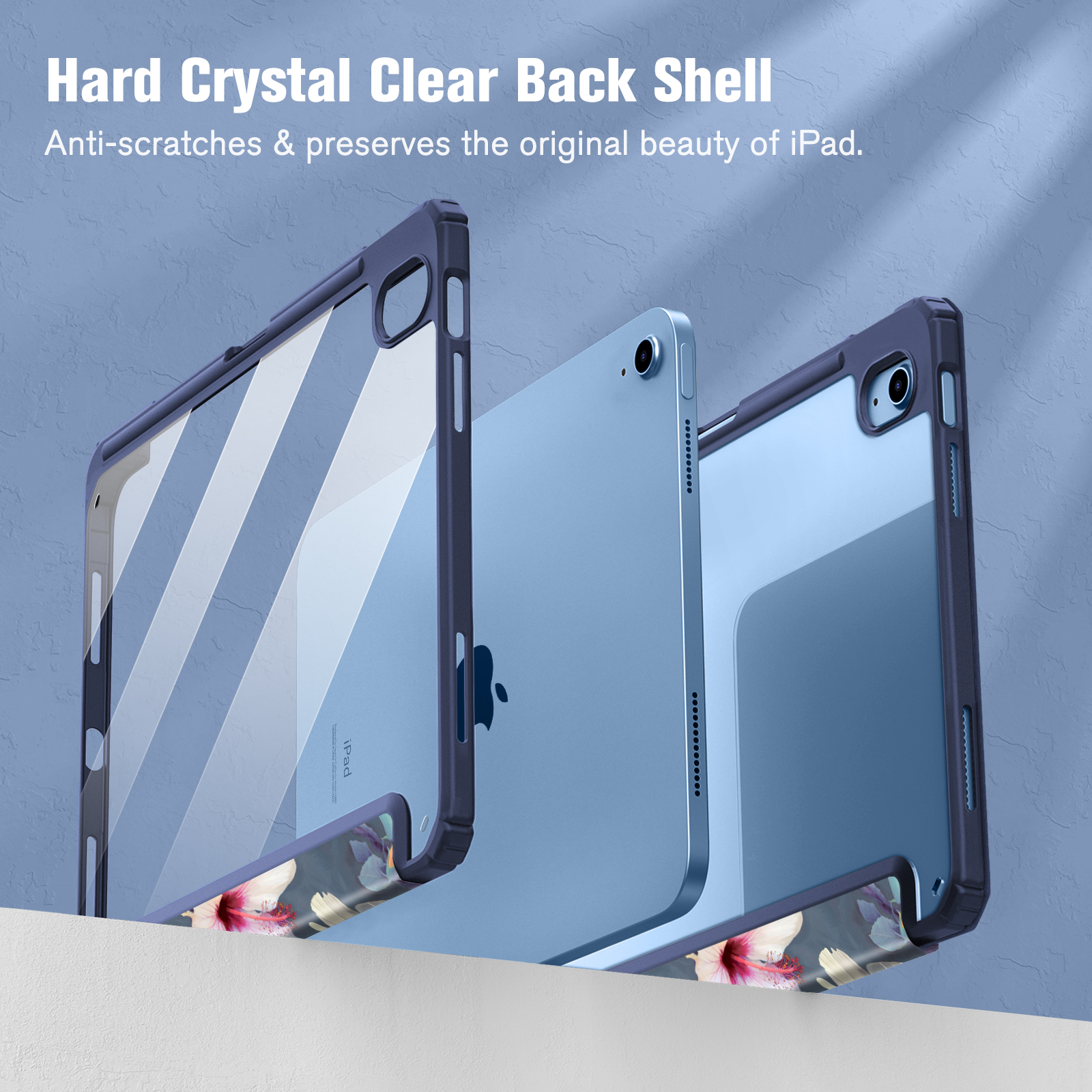 Transparente iPad-Hülle mit floralem Design, das das iPad zeigt. Die Hülle hat einen dunkelblauen Rahmen.