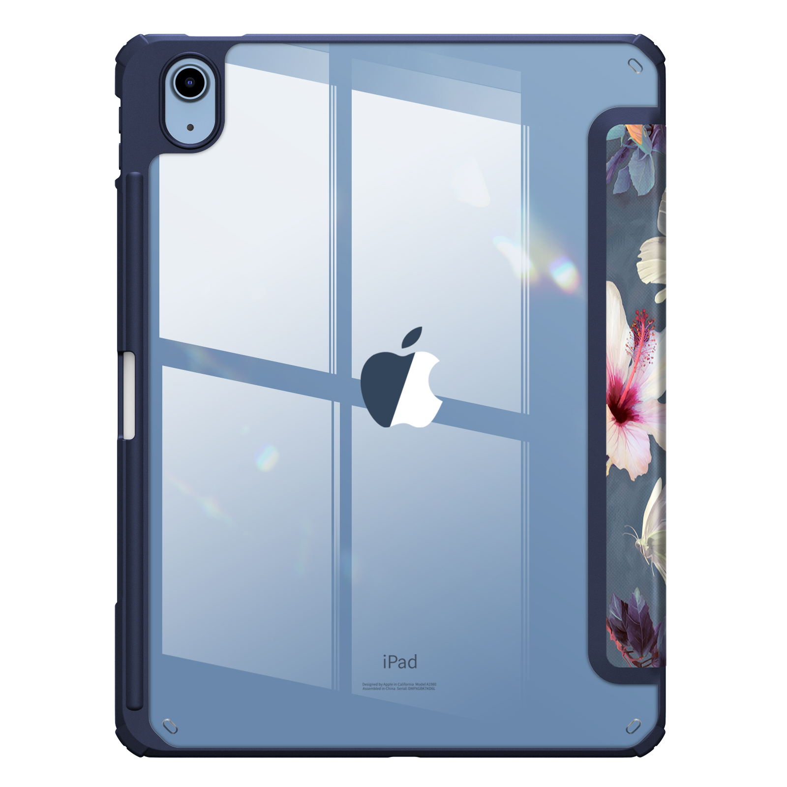 Blaue iPad-Hülle mit Blumendesign und Stifthalter, transparente Rückseite.