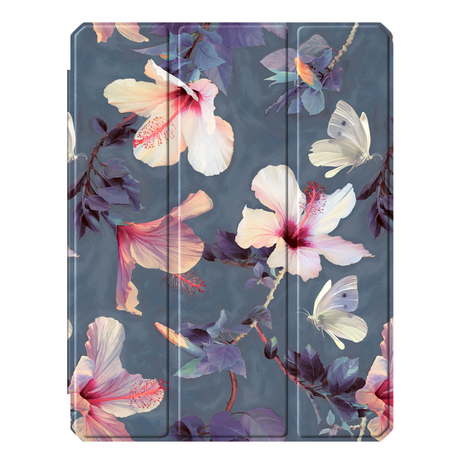 Tablethülle mit Blumenmuster. Blumen und Schmetterlinge auf blau-grauem Hintergrund verteilt.