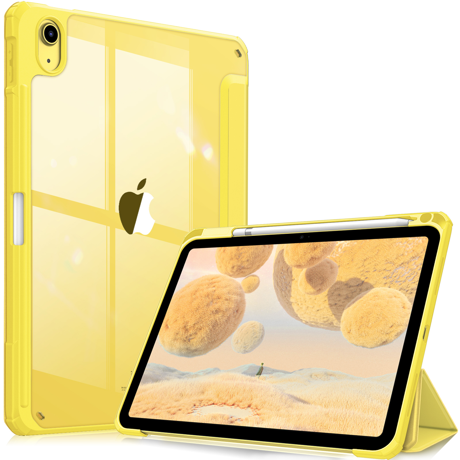Gelbes iPad-Case mit transparentem Rücken. iPad steht und zeigt bunten Hintergrund.