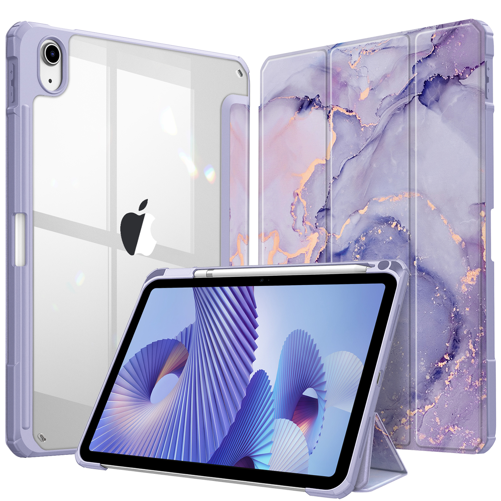 Klare iPad-Hülle, iPad und Hüllenabdeckung mit abstraktem lila Marmormuster.
