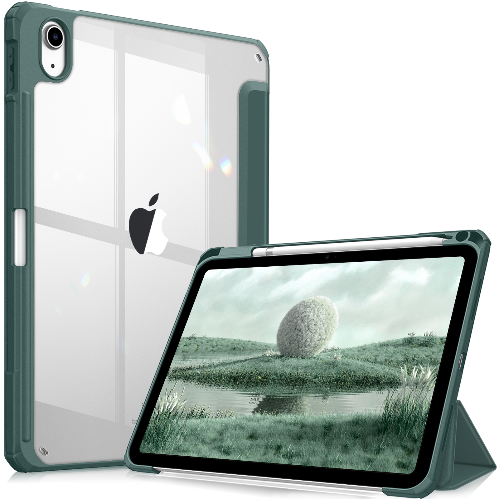 Tablet-Hülle mit iPad. Zeigt Landschaft auf dem iPad-Bildschirm. Hülle grün und transparent.