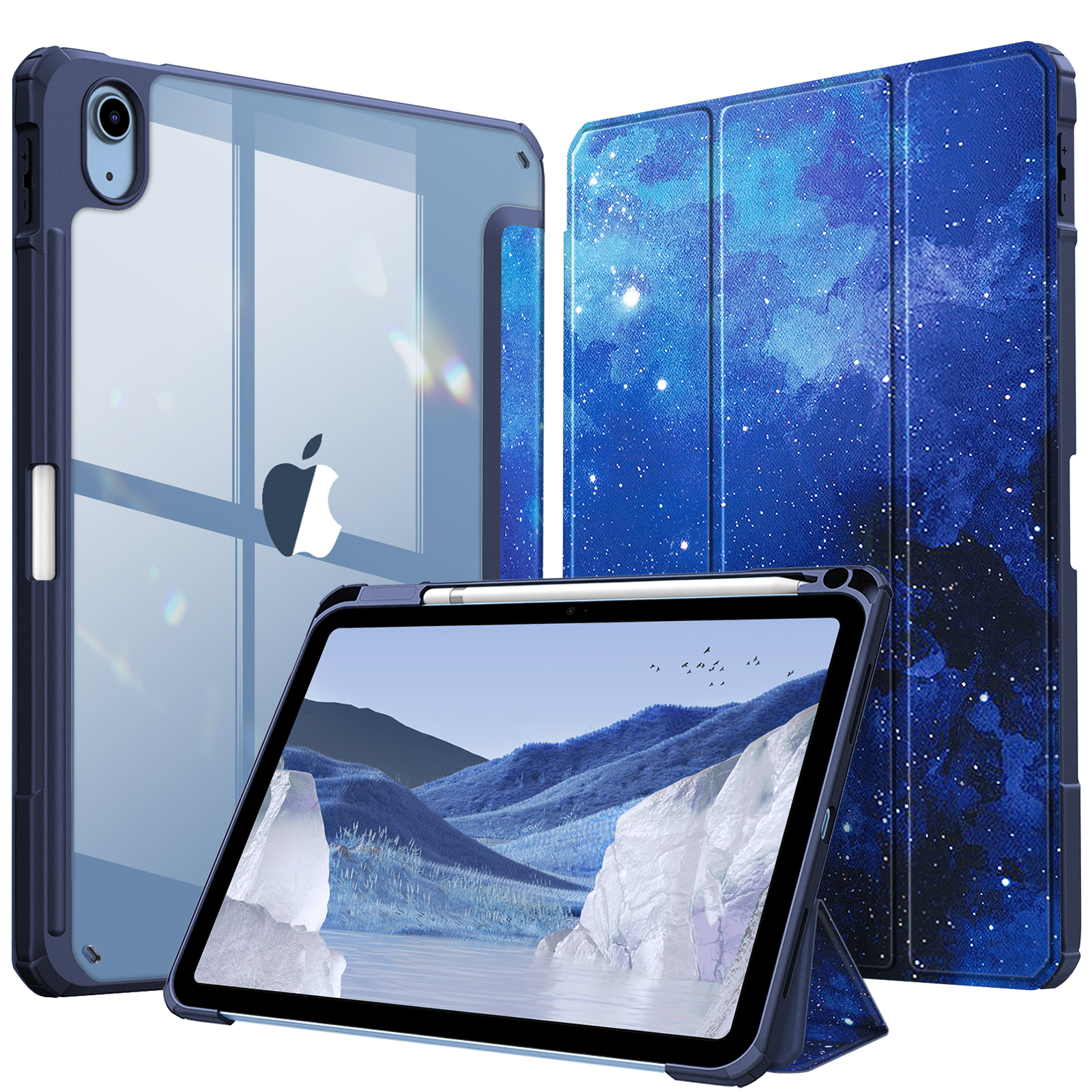 Blaue iPad-Hülle mit offenem iPad, Hülle und Stift. Die Hülle hat ein Sternenhimmel-Design.