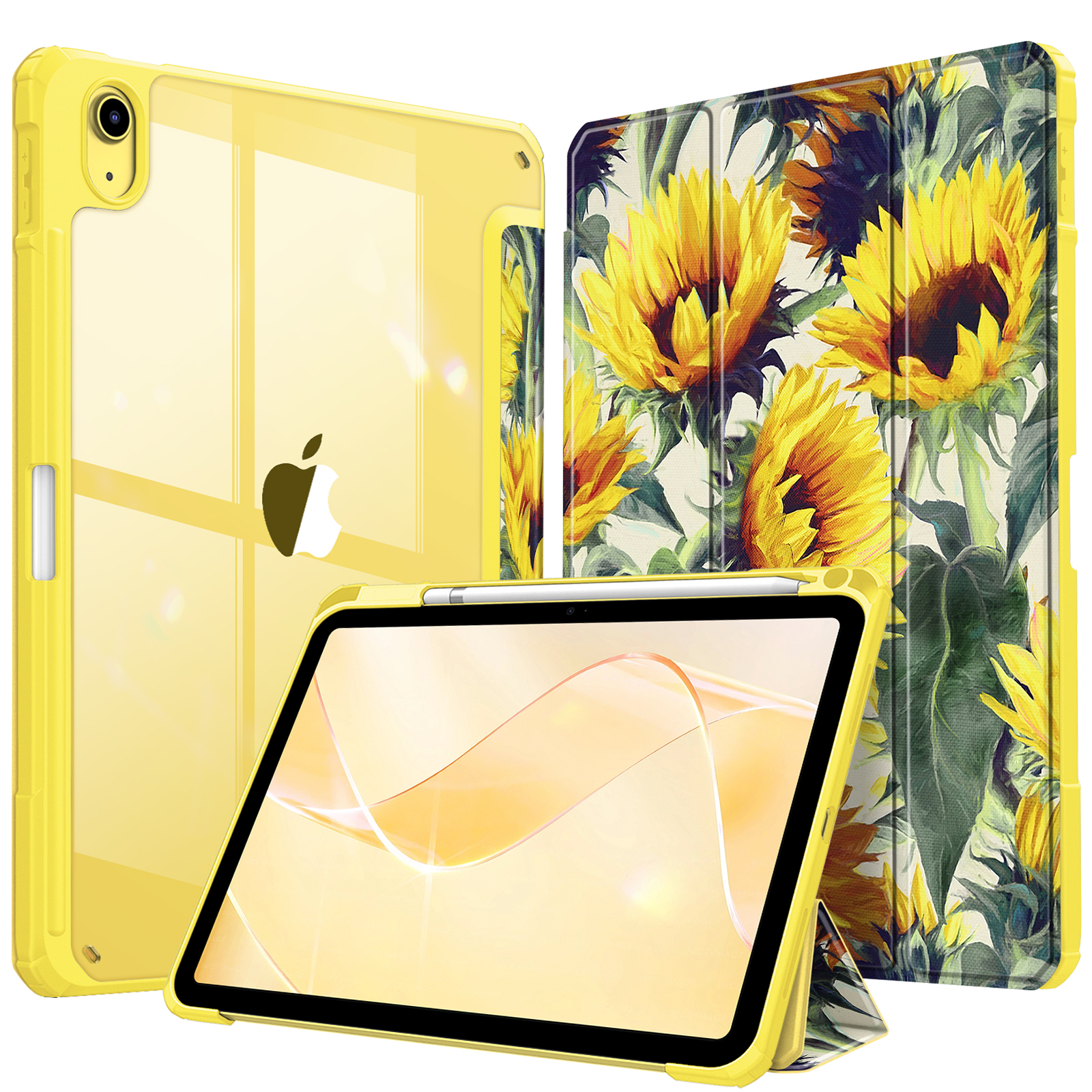 Gelbe Tablethülle mit Sonnenblumen-Design. Enthält einen Ständer und einen Apple Pencil-Halter.