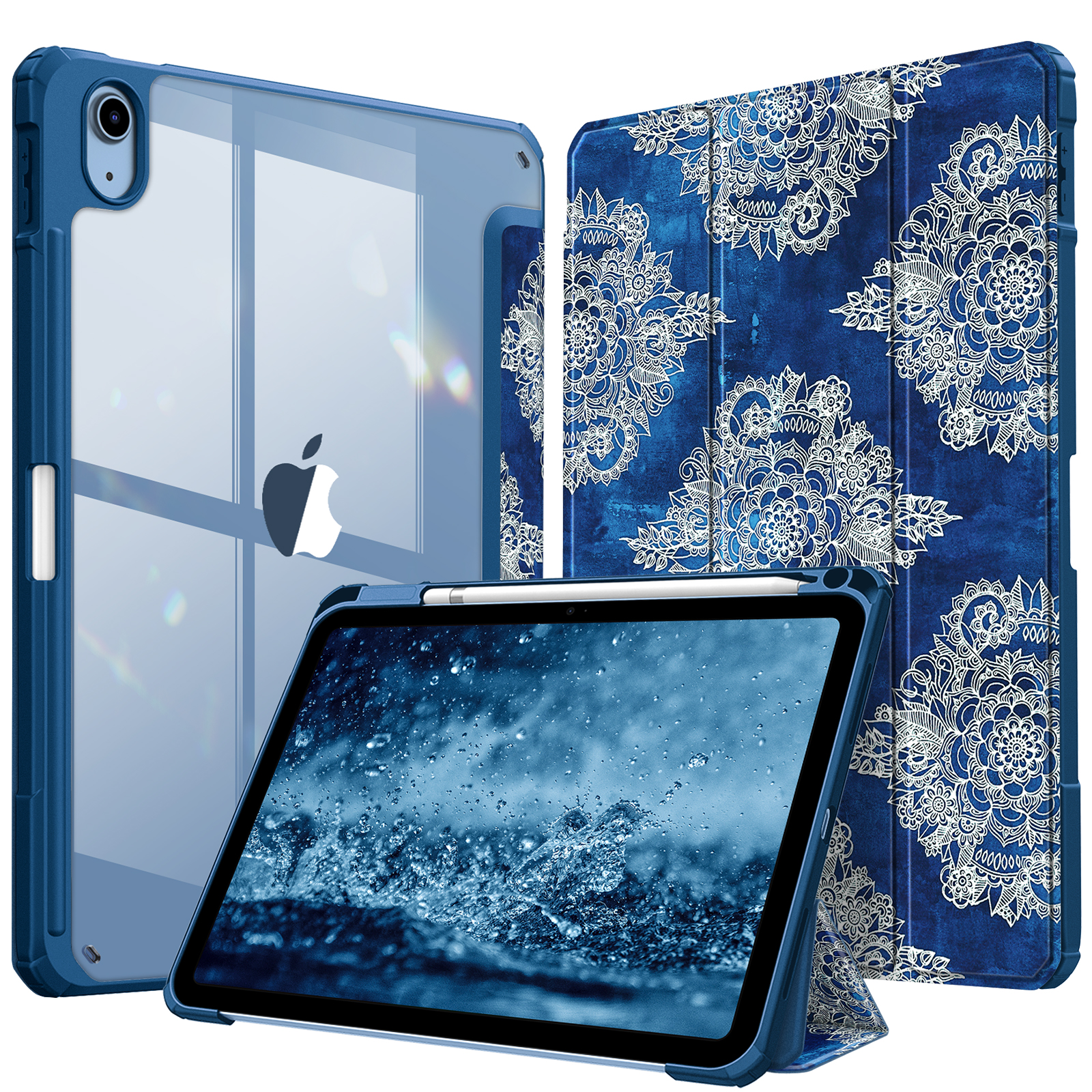 Eine blaue iPad-Hülle mit Stifthalter und floralem Design auf weißer Oberfläche.