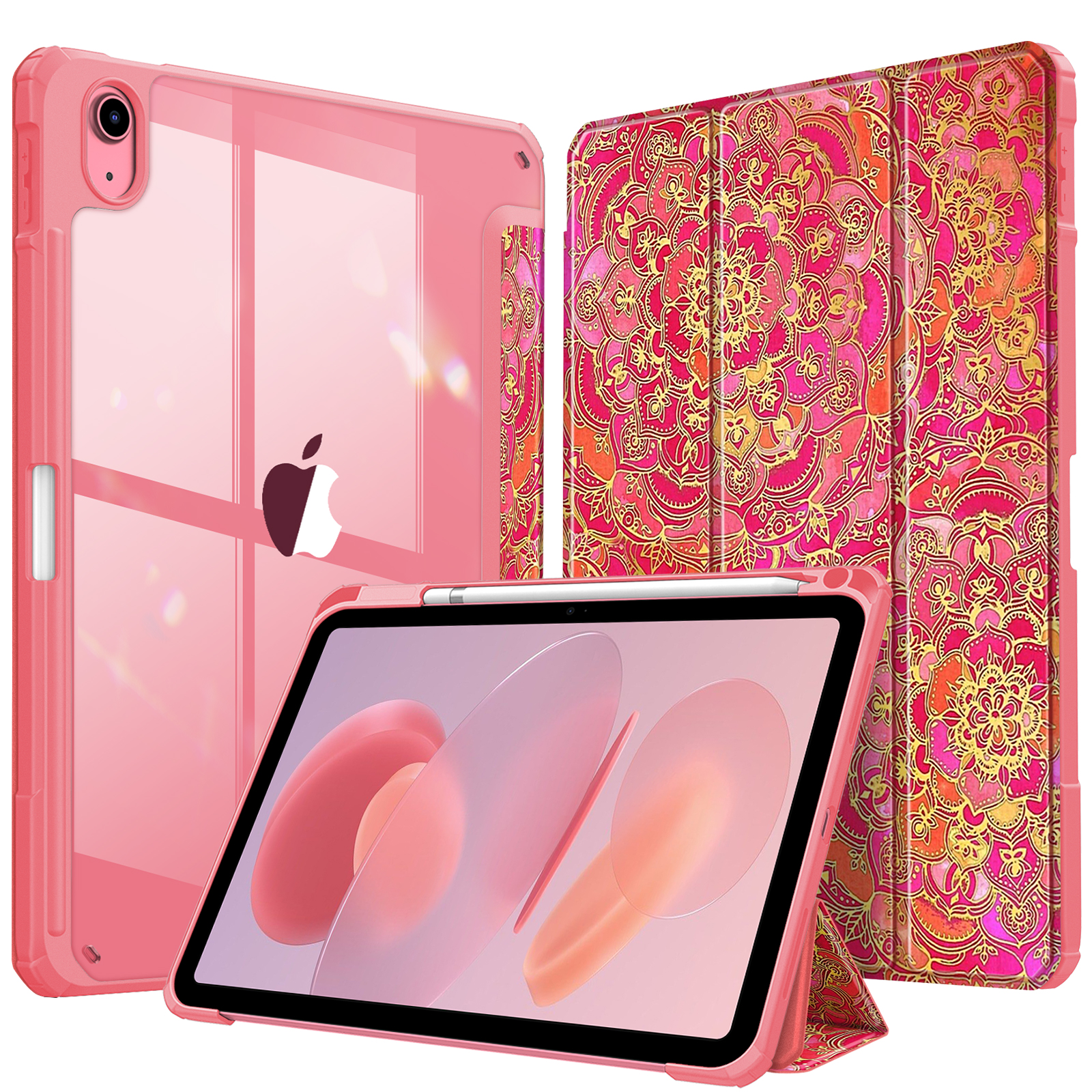 Rosa iPad mit Hülle und Case. Mehrere Ansichten. Weißer Hintergrund.