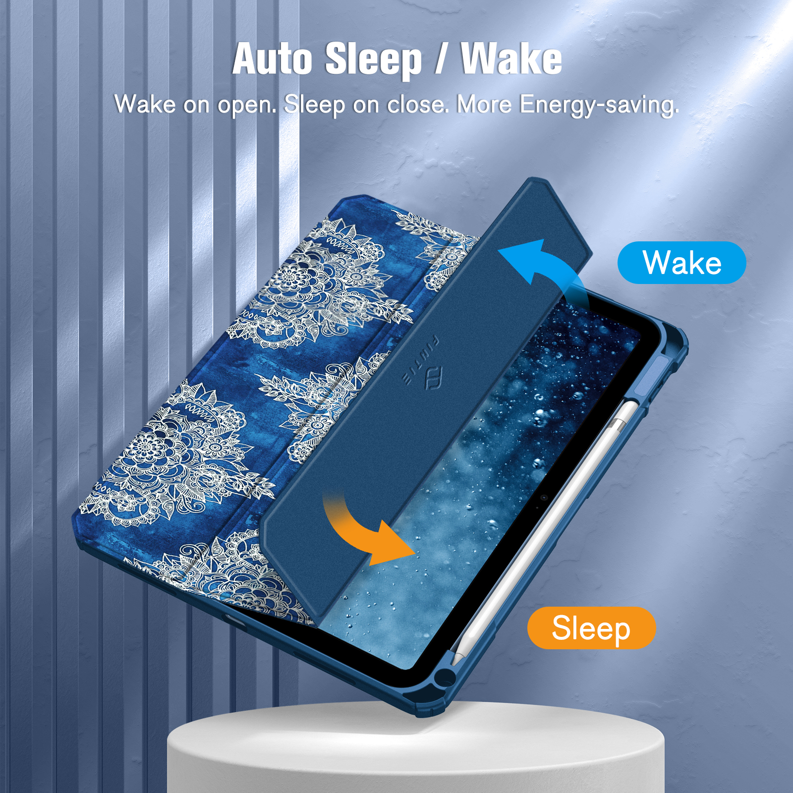 Tablet-Hülle, blau, mit Auto-Sleep/Wake-Funktion, blaues Blumenmuster.