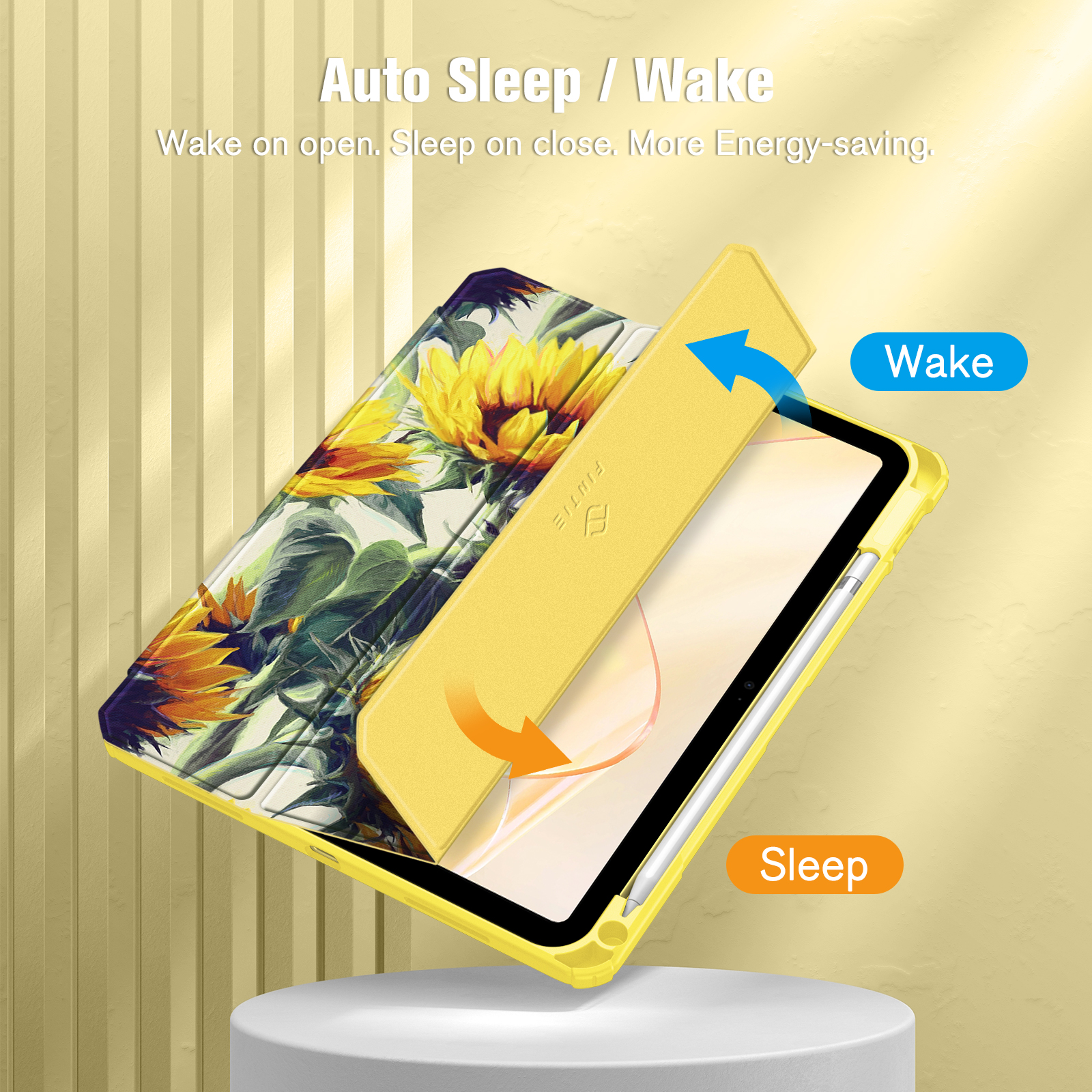 Gelbes Tablet-Case mit Sonnenblumen-Design. Text zeigt die Funktion 'Auto Sleep/Wake'.
