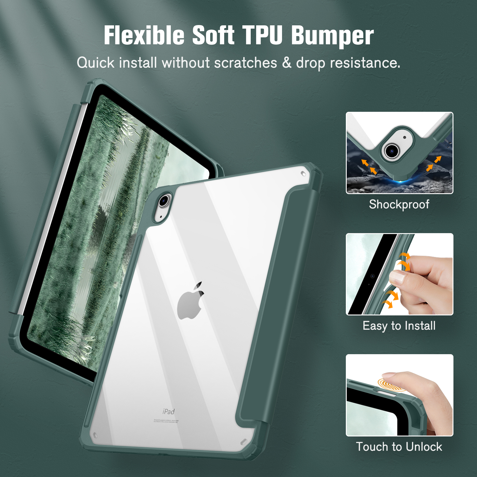 Tablet mit grüner Hülle. Nahaufnahme mit Bildschirm, Schutzfunktionen und einfacher Installation.