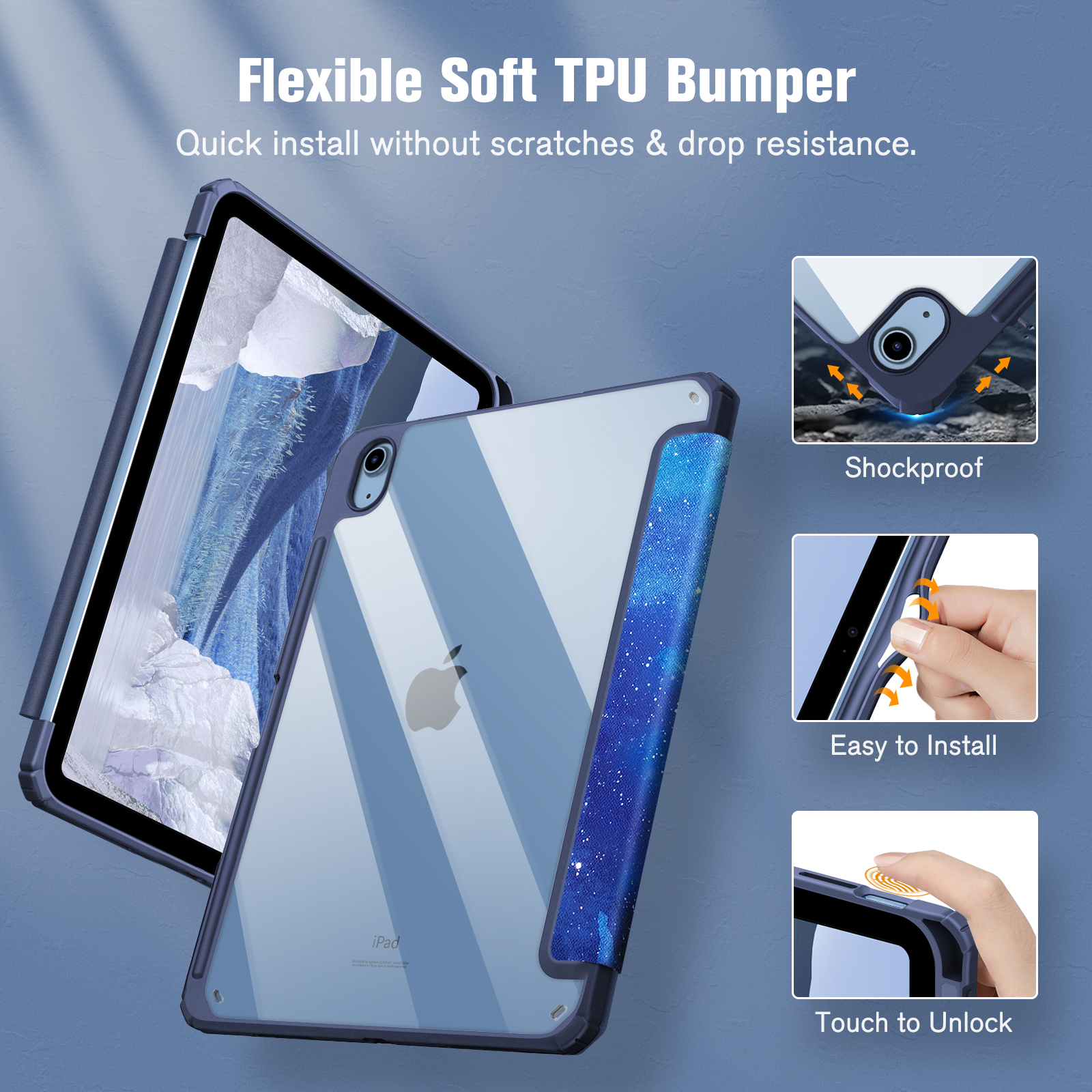 iPad-Hülle mit blauen Akzenten, zeigt stoßfeste, einfache Installation und Touch-Entsperrung.