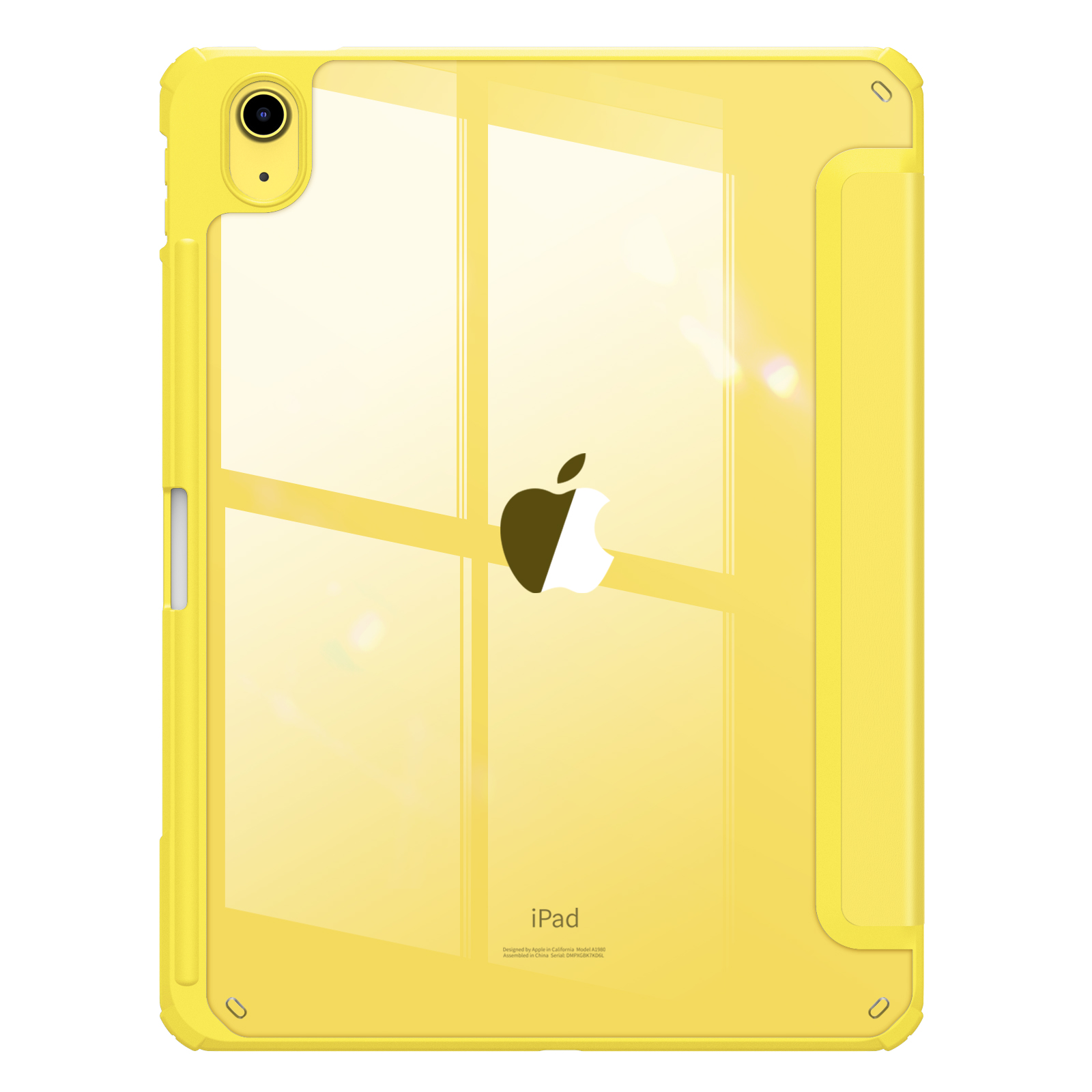 Gelbe iPad-Hülle mit gelbem Rahmen und schwarzem Apple-Logo auf der Rückseite.