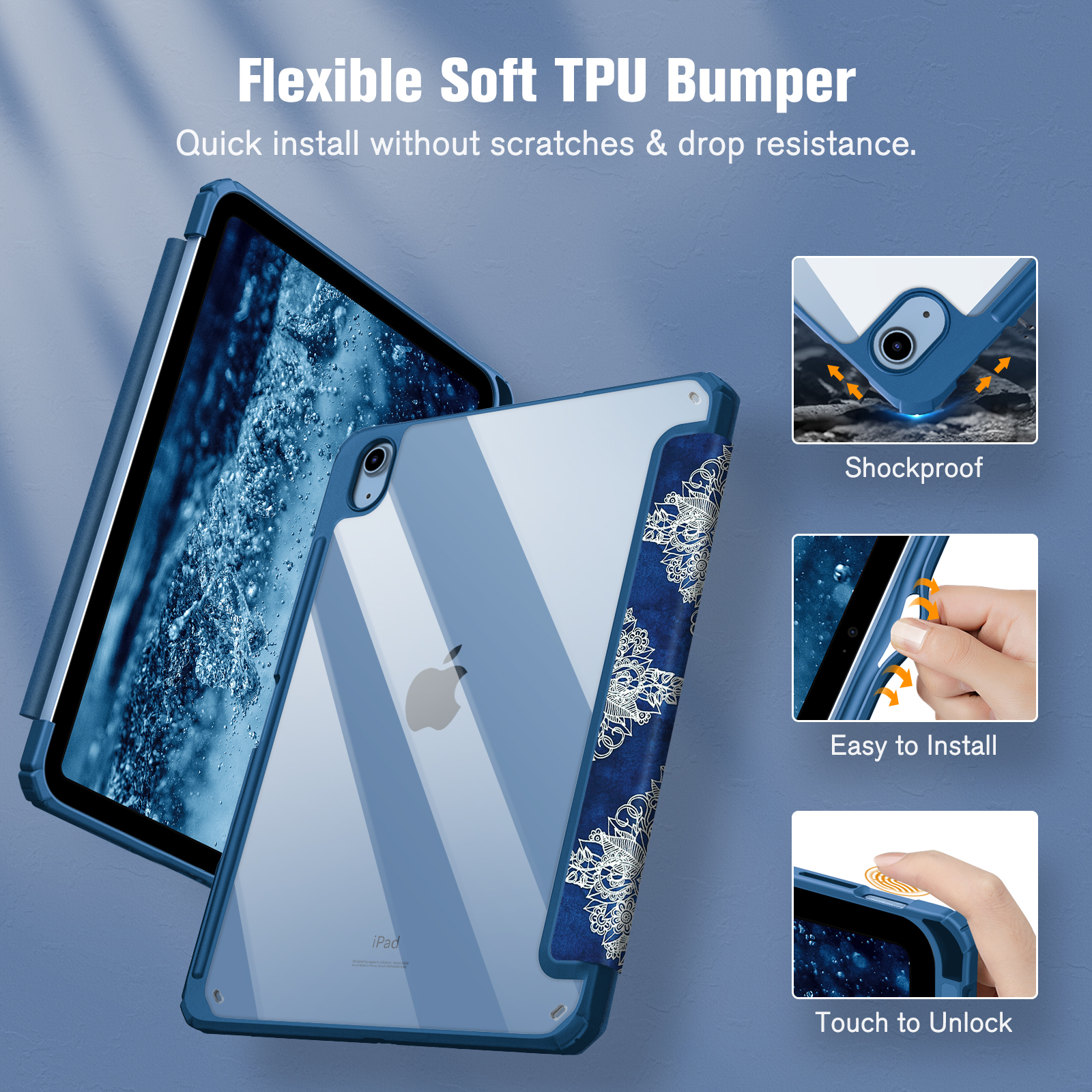 Ein iPad mit Schutzhülle. Die Hülle ist blau mit durchsichtigem Rücken und beschrifteten Funktionen.