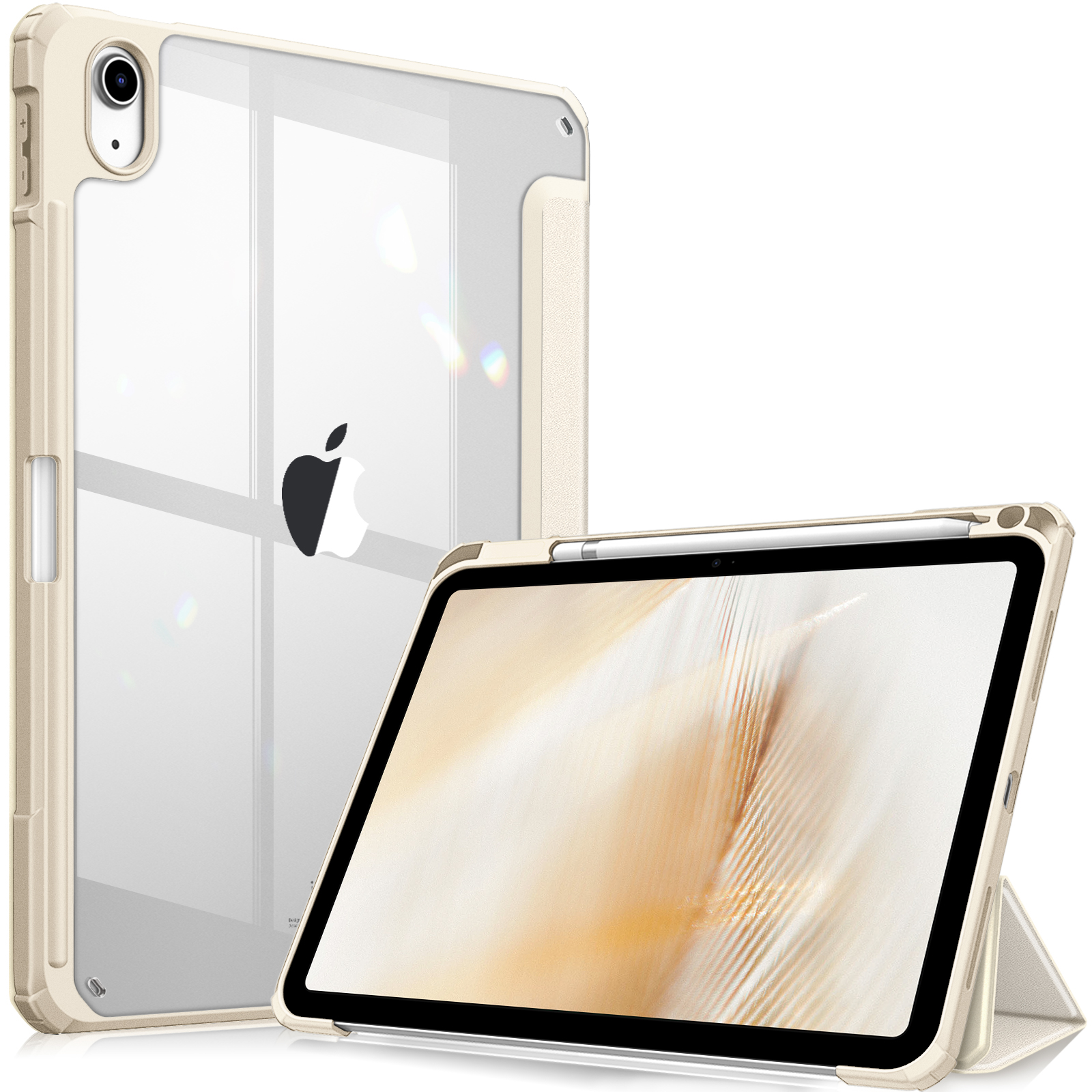 Tablet in beigefarbener Hülle, mit transparentem Rücken und Ständer, weißer Hintergrund.