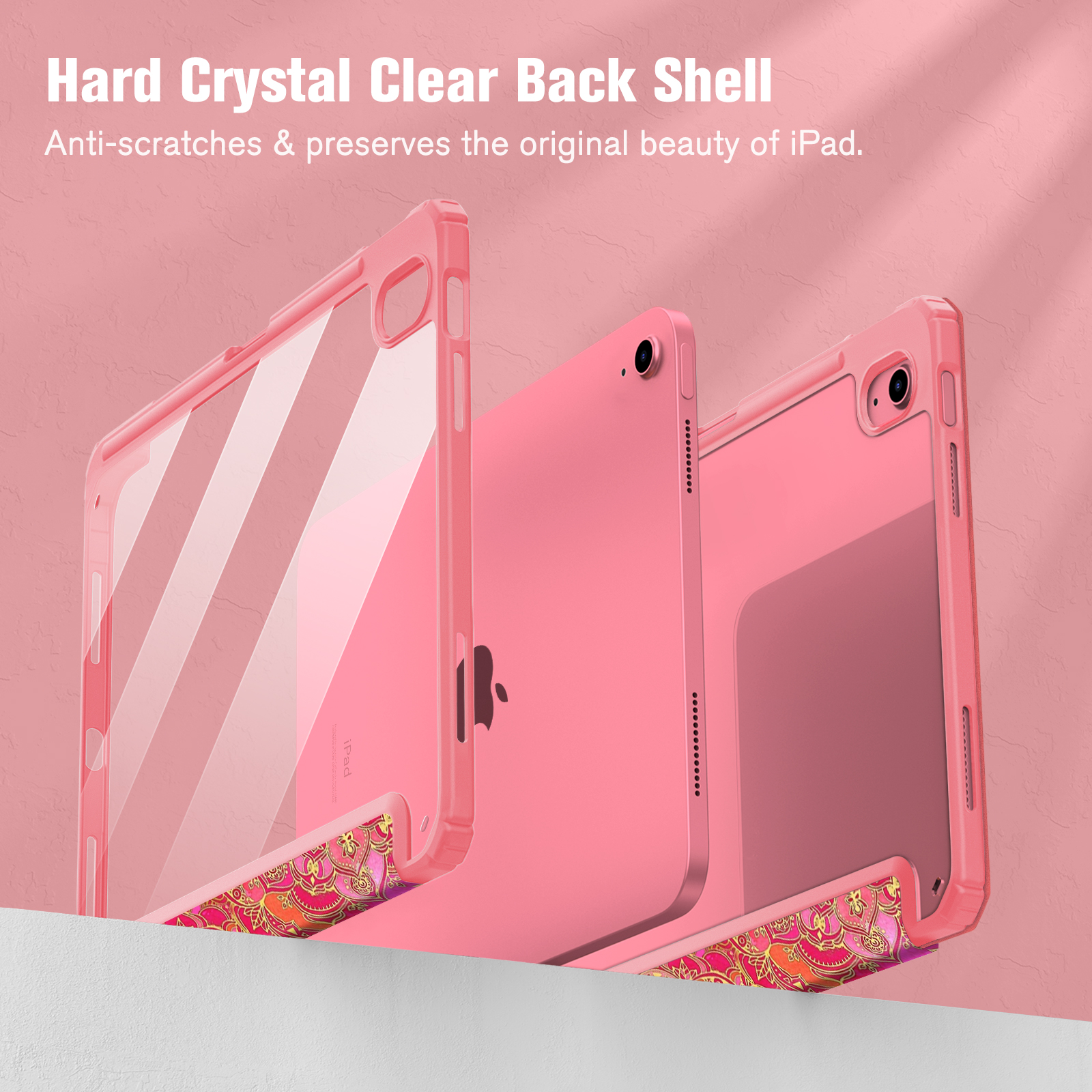 Rosa iPad mit klarer Hülle, zeigt das Gerät und das Hüllendesign, auf rosa Oberfläche.