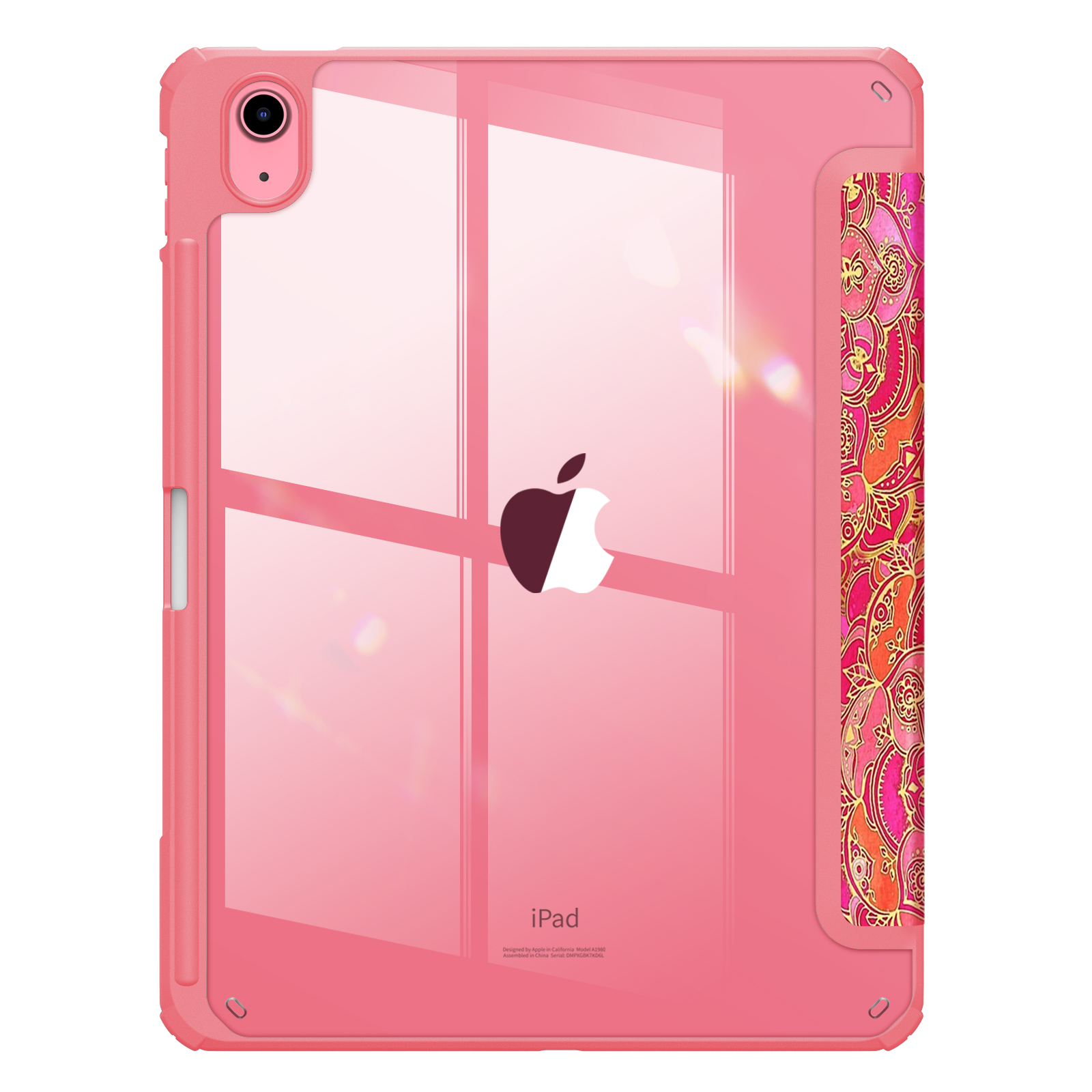 Eine rosa iPad-Hülle mit durchsichtigem Rücken und floralem Design an der Seite.