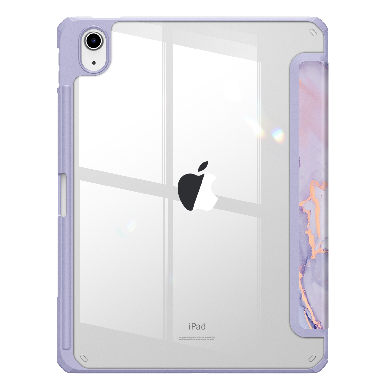 Ein iPad in einer transparenten Hülle mit lila Rahmen und marmoriertem Hintergrund.