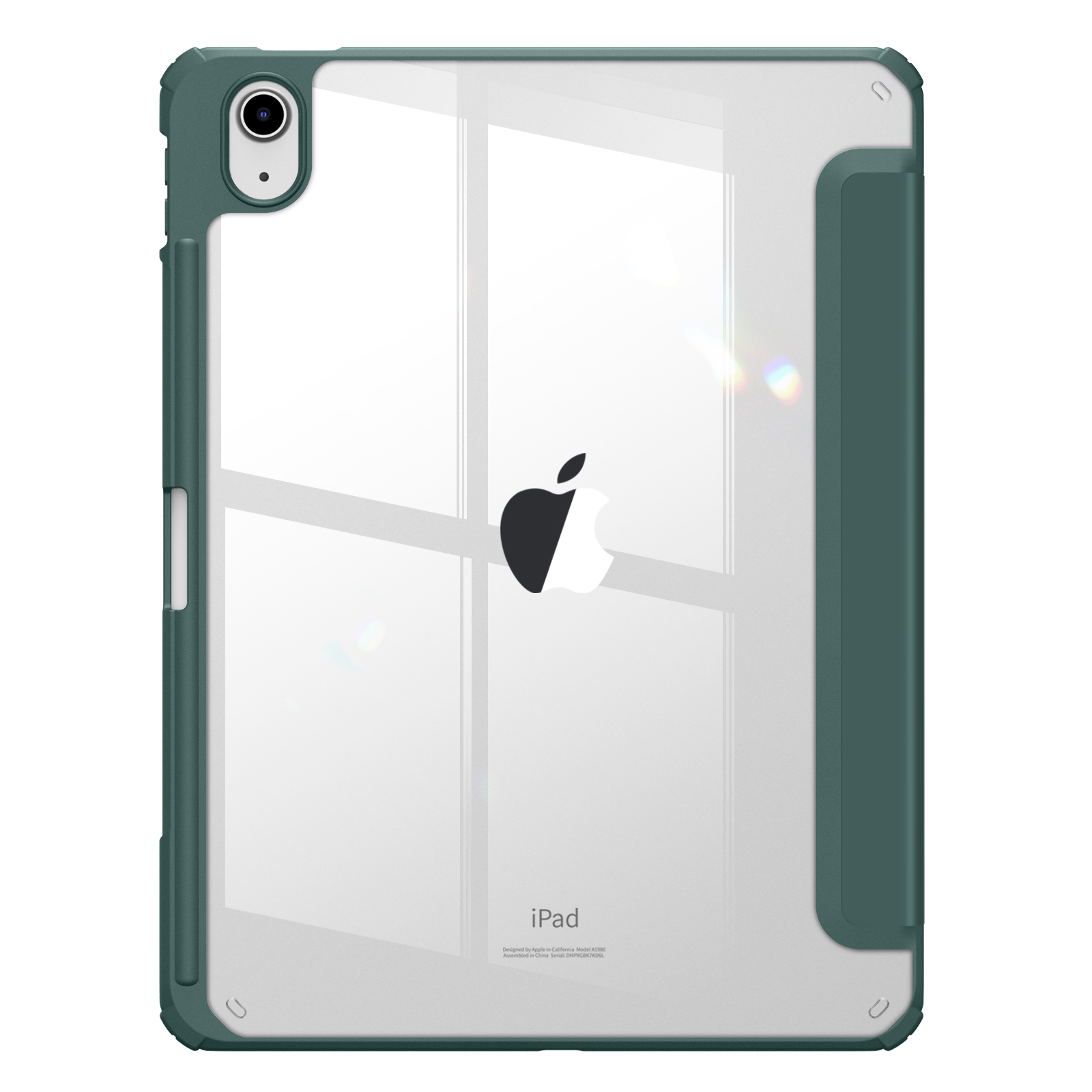 Grüne und transparente iPad-Hülle mit Apple-Logo. Auf weißem Hintergrund.