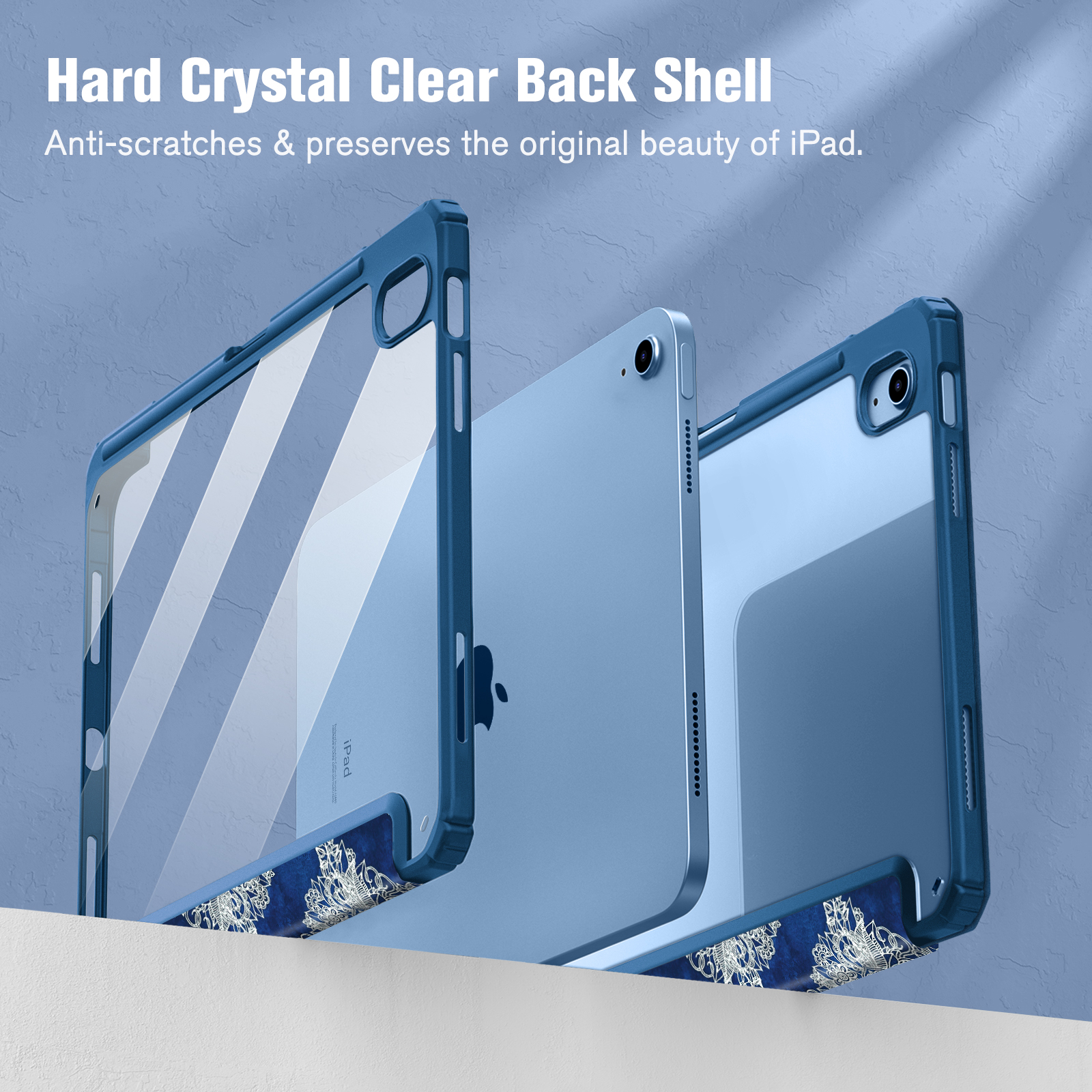 iPad mit blauem Gehäuse. Gehäuse ist transparent mit blauen Rändern. Der Hintergrund ist blau.