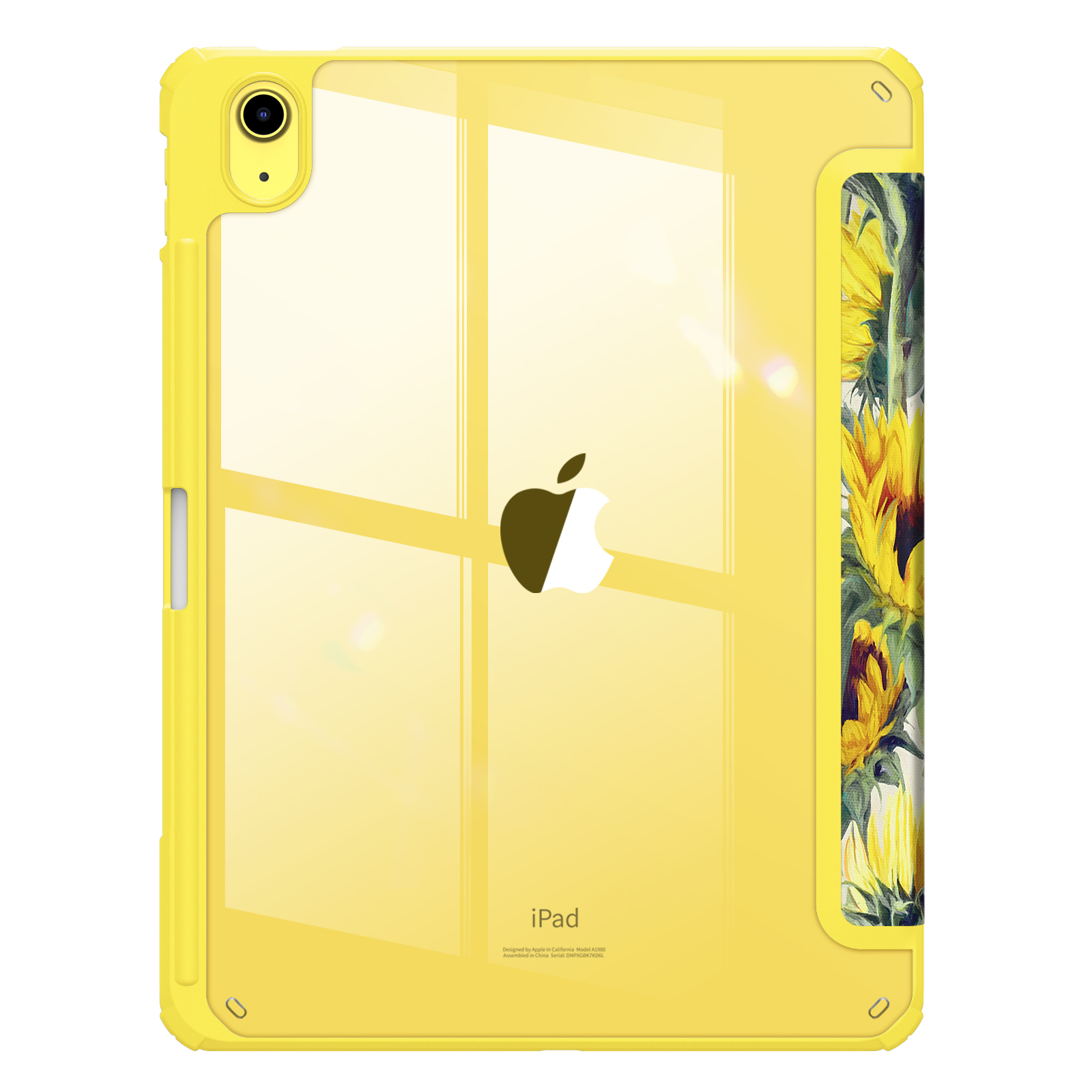 Gelbe iPad-Hülle mit Sonnenblumenmuster an der Seite.