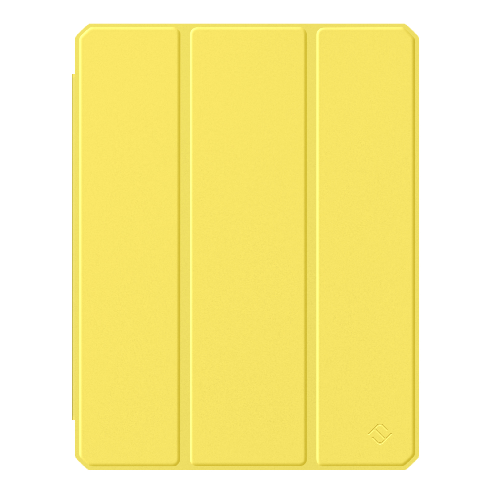 Gelbe Tablet-Hülle mit Faltendesign vor weißem Hintergrund.