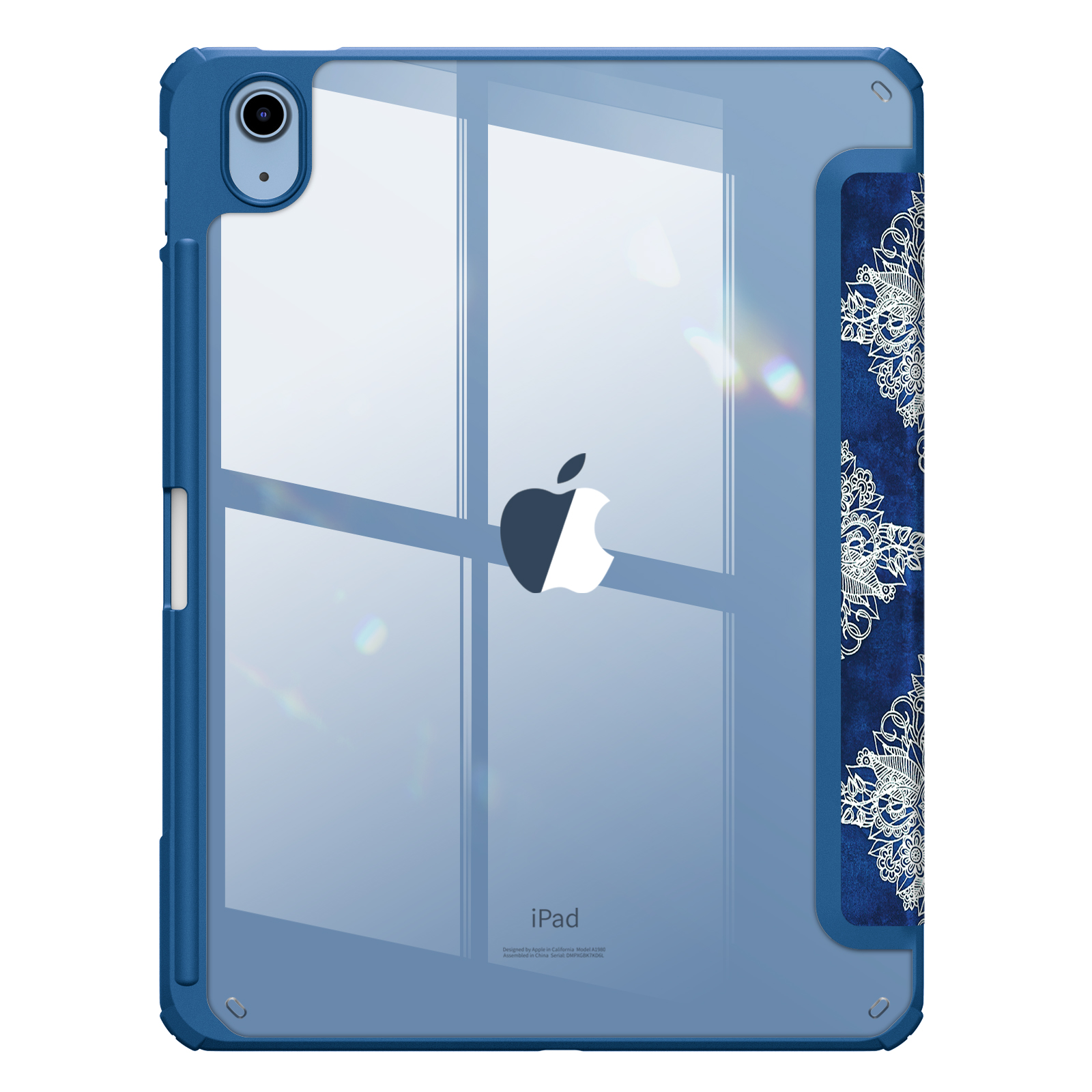 Blaue iPad-Hülle mit Apple-Logo. Mit transparentem Rücken und gemustertem Cover.