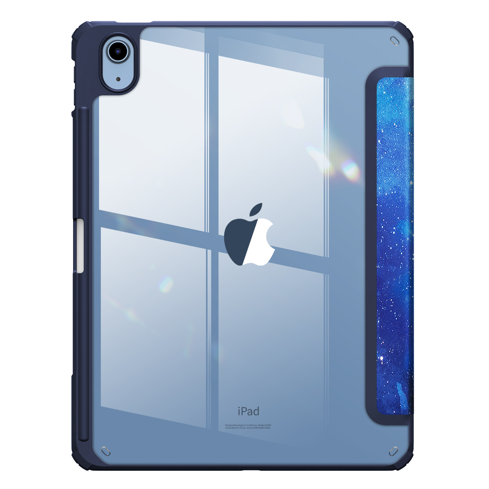 iPad in blauem Gehäuse, zeigt das Apple-Logo. Durchsichtiger Rücken mit blauem Rand.