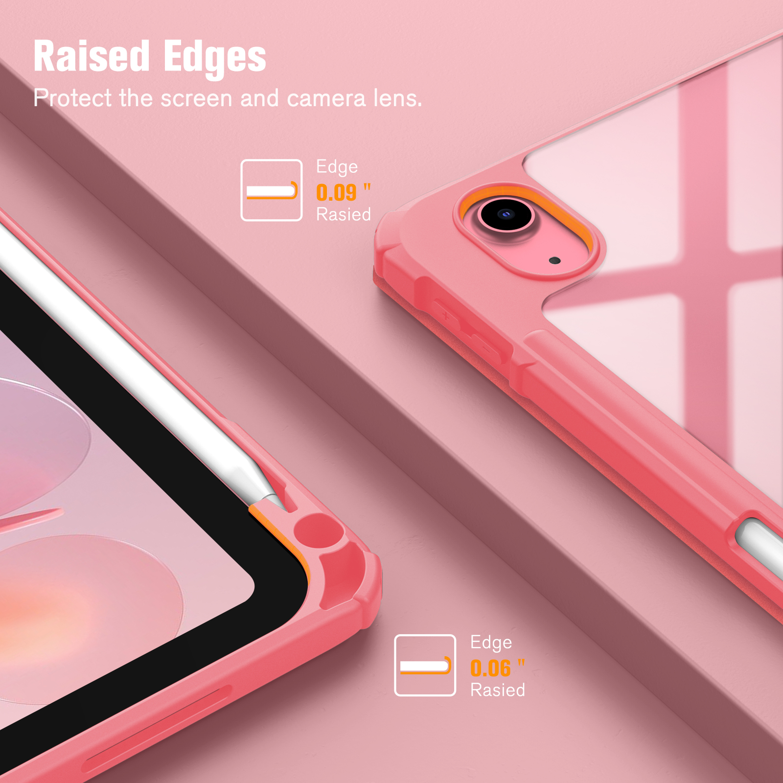 Nahaufnahme einer rosa iPad-Hülle mit erhöhten Kanten, die Bildschirm und Stift zeigt.