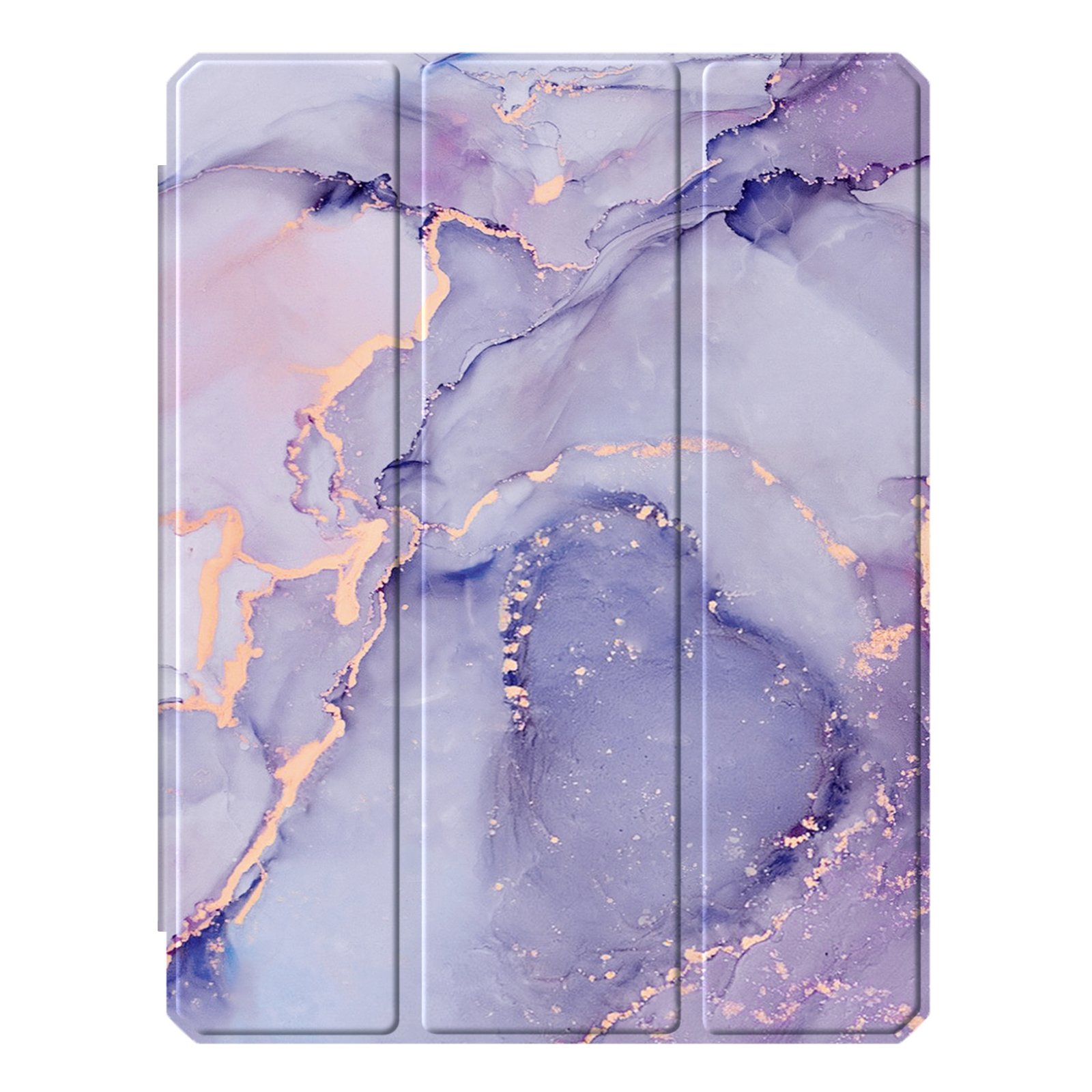 Tablethülle mit Marmordesign, mit Lila- und Goldakzenten.
