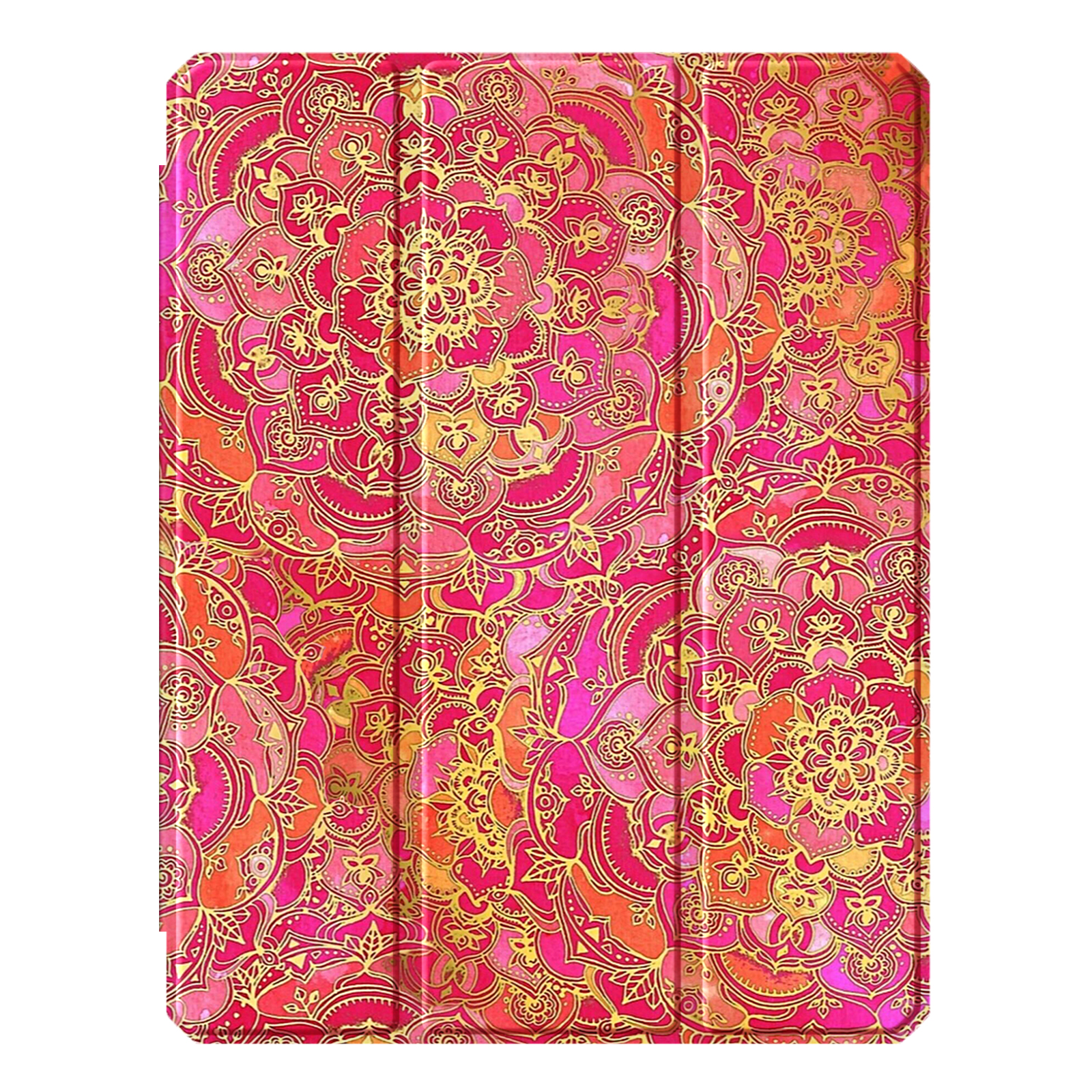 Rosa und gold gemusterte Tablethülle mit Mandala-Design.