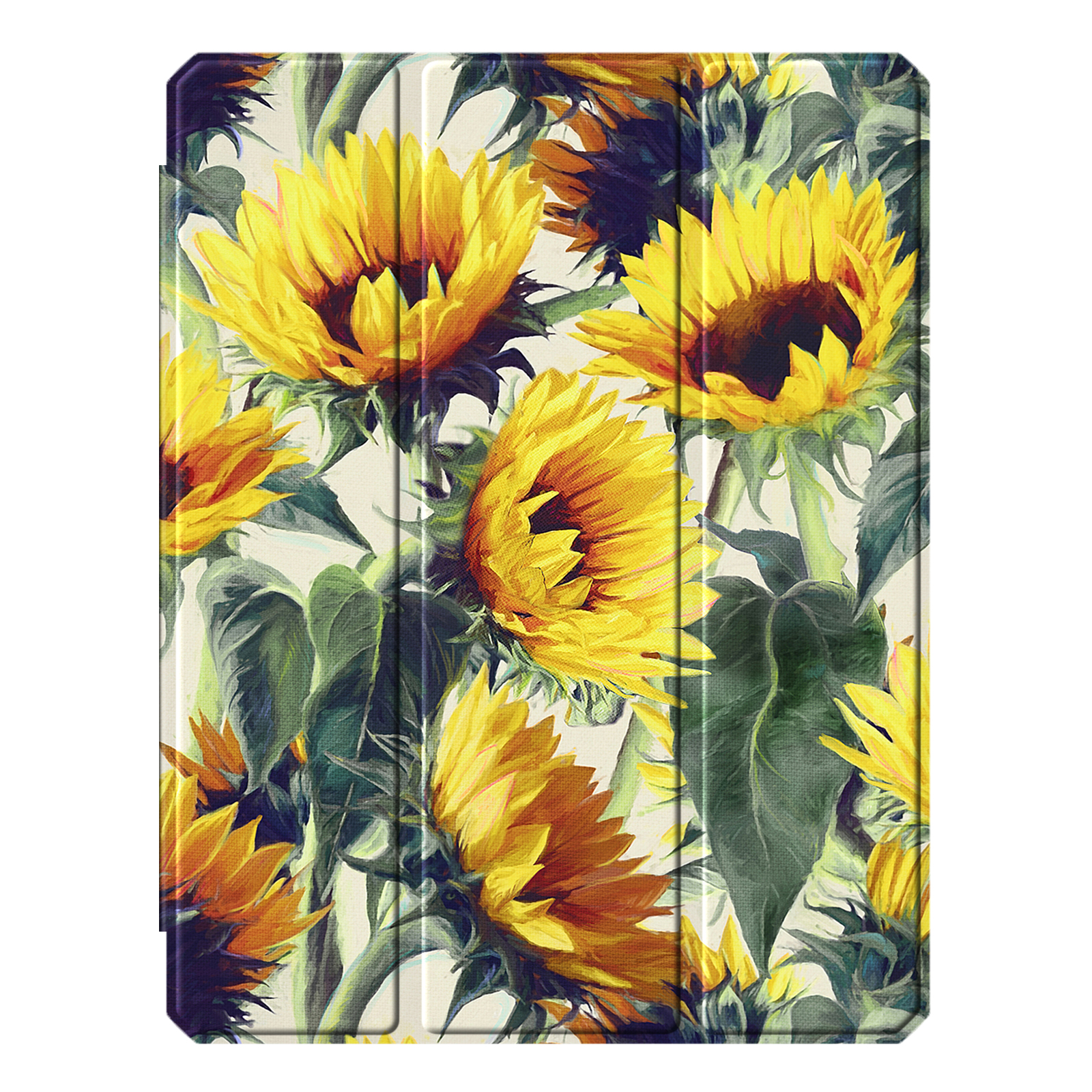 Tablethülle mit Sonnenblumenmuster. Gelbe Blütenblätter mit grünen Blättern. Weißer Hintergrund.