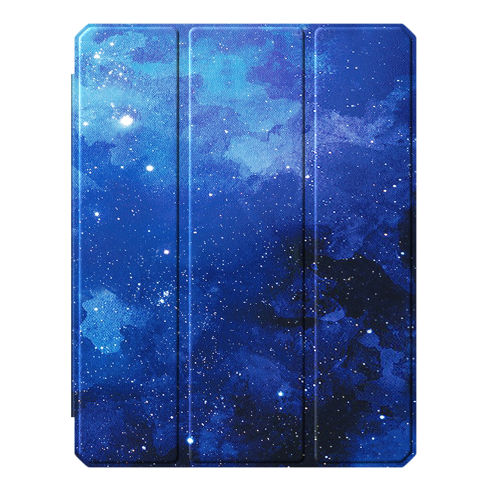 Blaue iPad-Hülle mit Sternenhimmel-Design, geschlossen.
