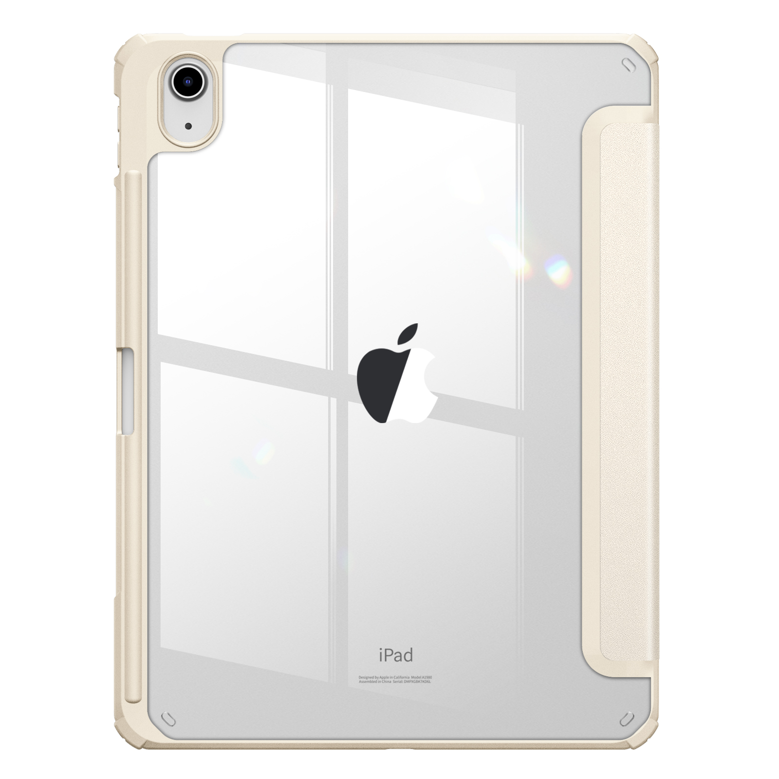 Ein iPad in einer transparenten Hülle mit cremefarbenem Rand und schwarzem Apple-Logo.