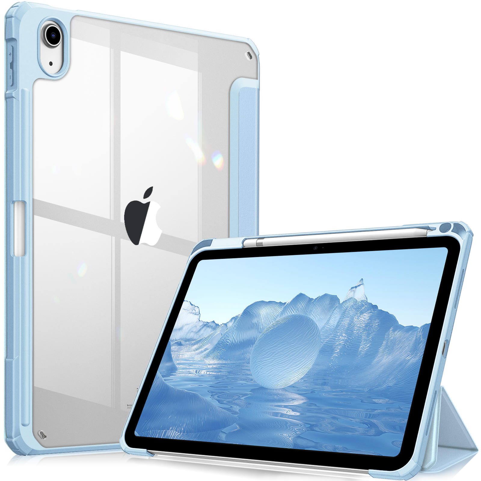 Blaue iPad-Hülle mit Tablet und Stift. Weißer Hintergrund.