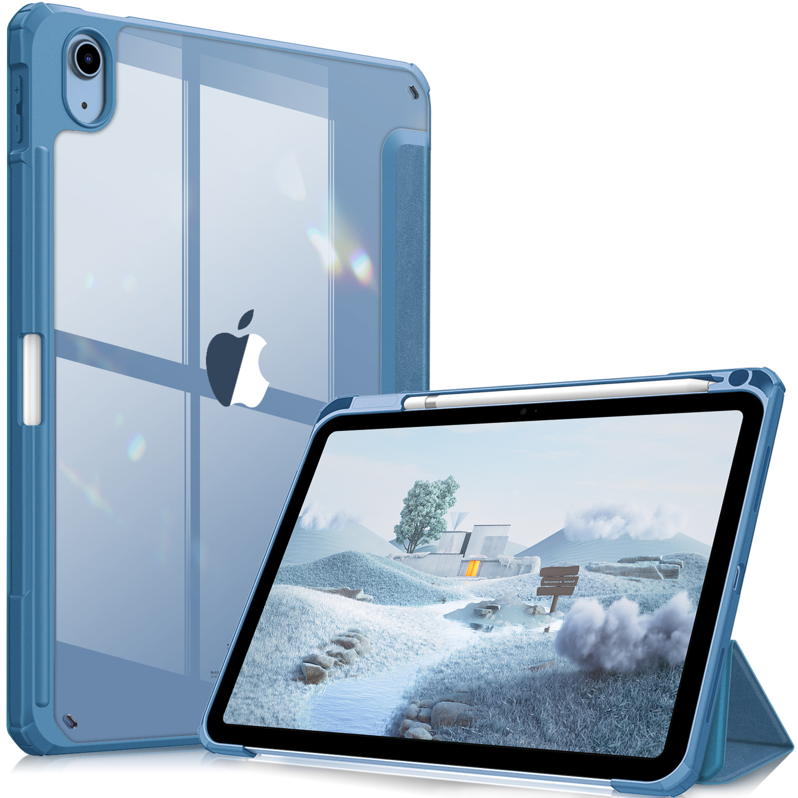 Blaue iPad-Hülle, die ein iPad mit einer Winterszene auf dem Bildschirm hält. Ein Stift ist oben befestigt.