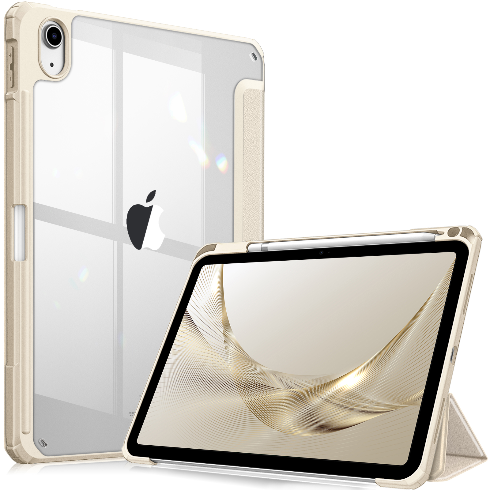 iPad-Hülle mit transparentem Rücken und Ständer. Apple-Logo sichtbar. Goldfarbener Rahmen.