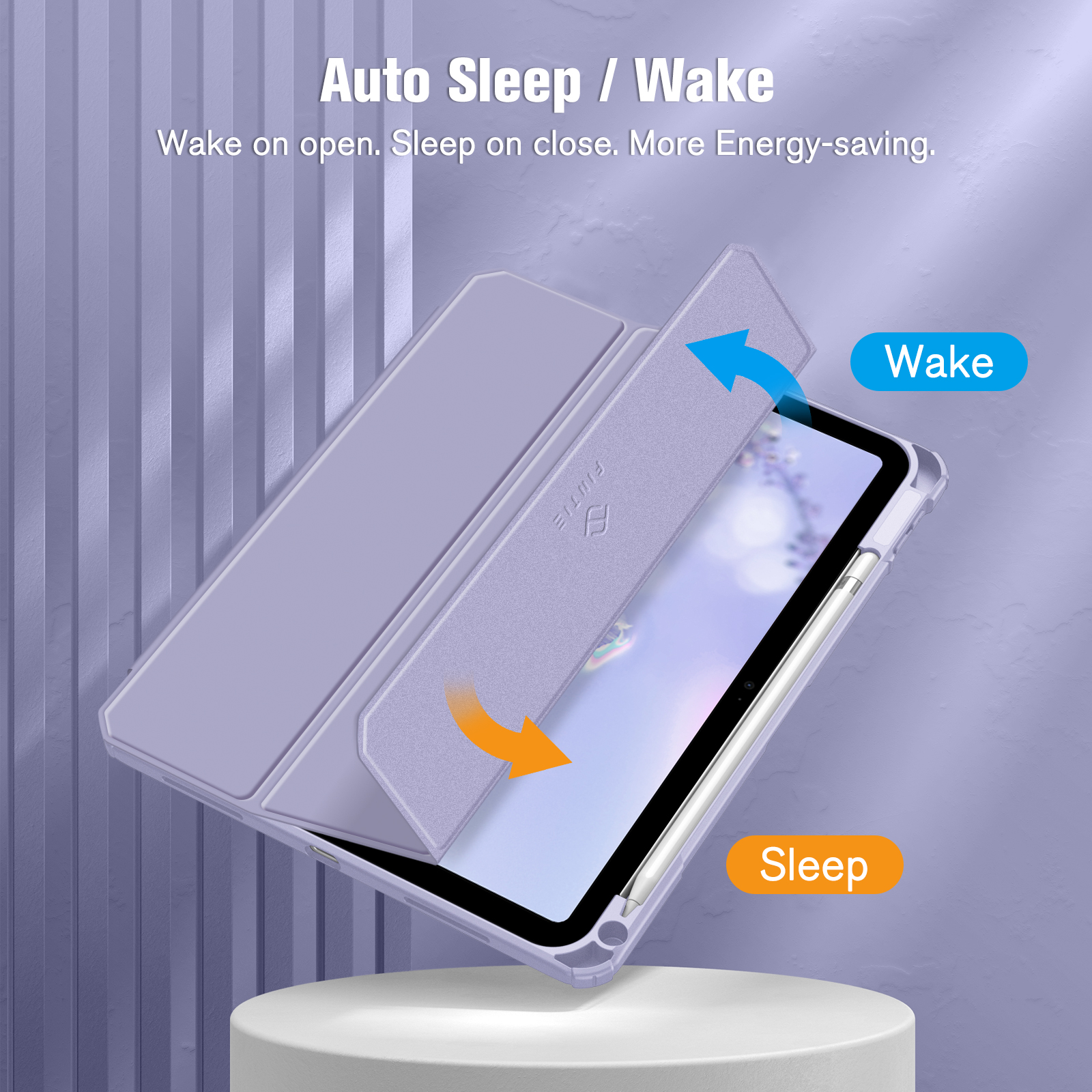 Tablet-Hülle, offen, mit Text 'Auto Sleep/Wake'. Pfeile zeigen Öffnungs-/Schließvorgänge.