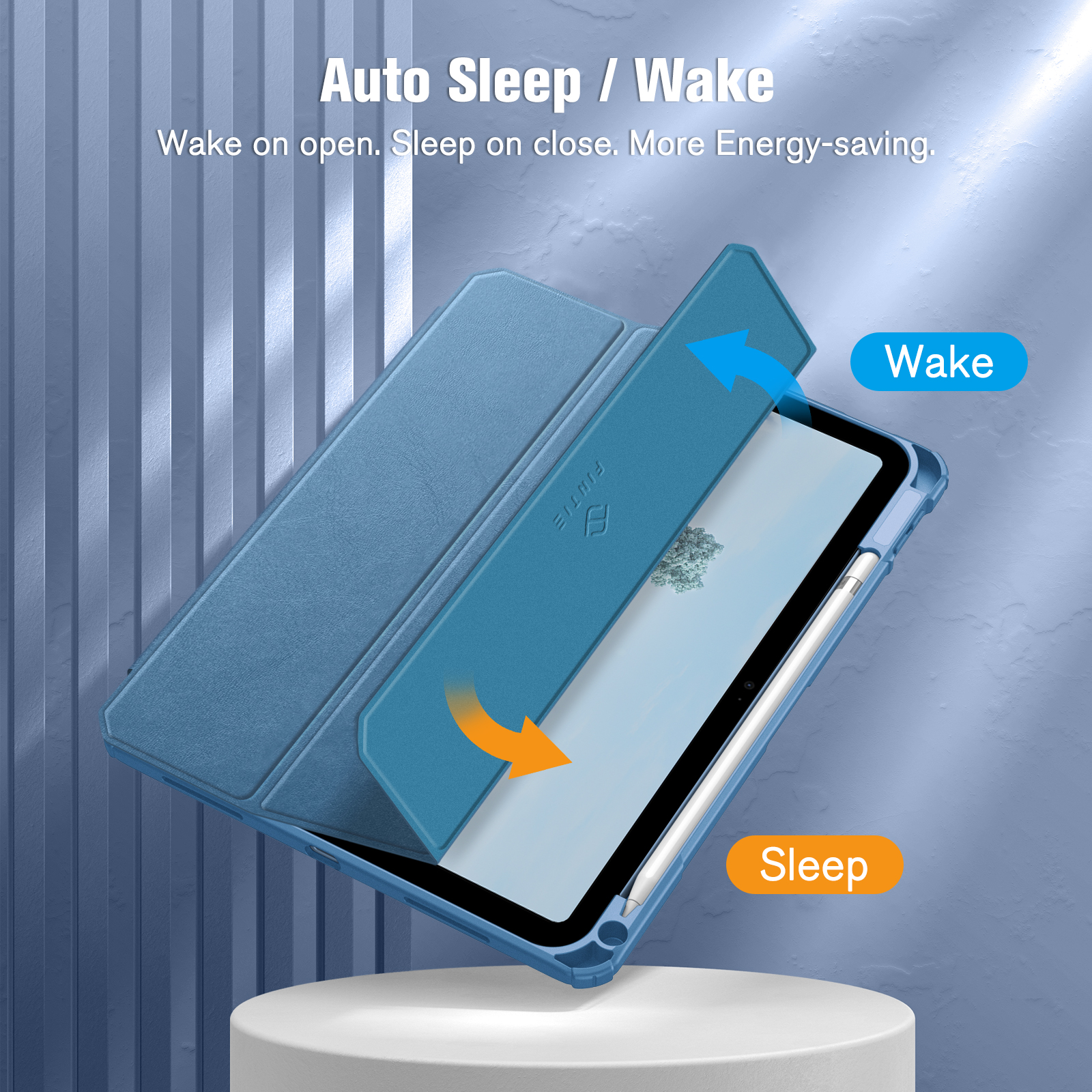 Tablet mit geöffneter Hülle, blaue Pfeile zeigen Wake- und Sleep-Funktionen an.