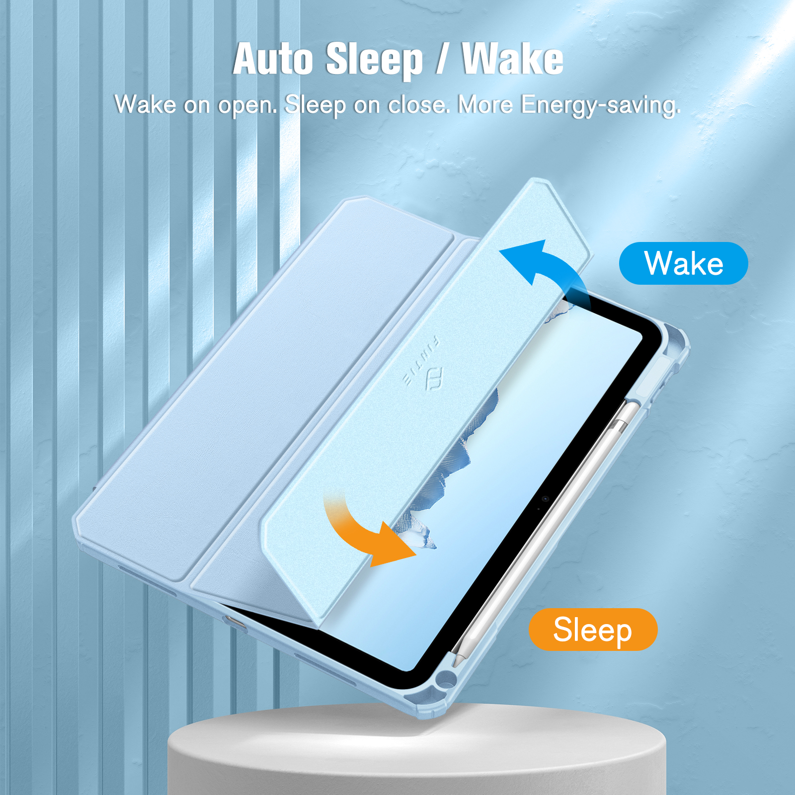 Blaue Tablet-Hülle mit offener und geschlossener Position, zeigt Wake/Sleep-Funktion.