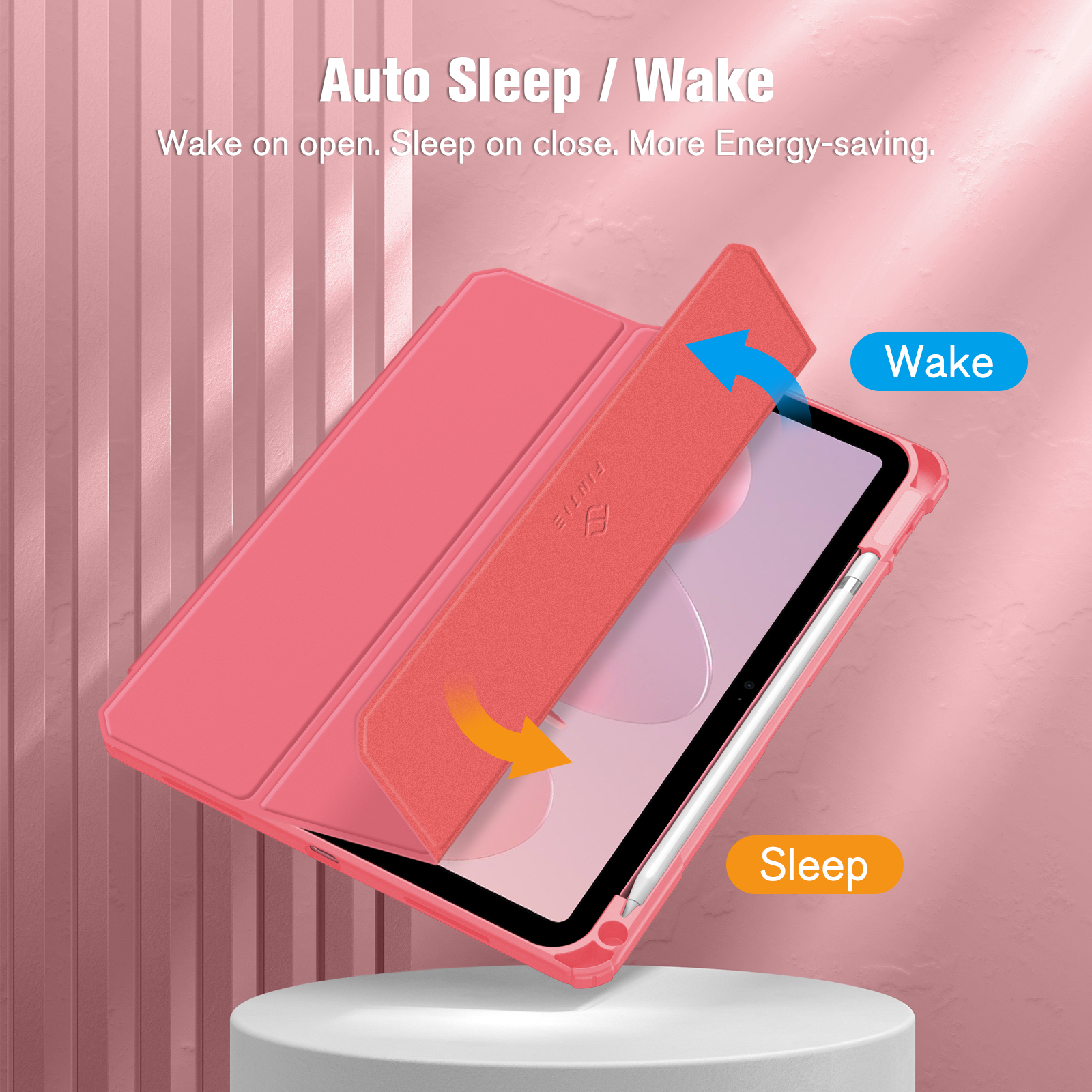 Ein rosa Tabletfach zeigt 'Wake'- und 'Sleep'-Funktionen mit Pfeilen.