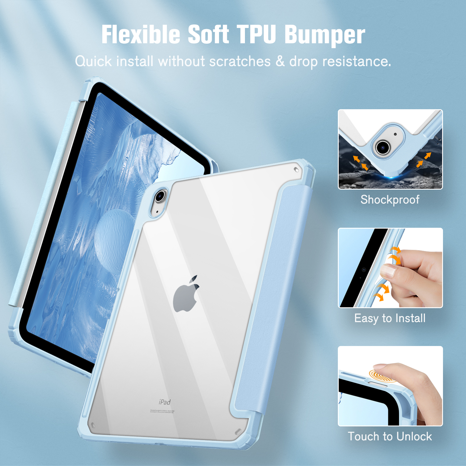 iPad-Hülle mit durchsichtigem Rücken und blauem Stoßfänger, mit Diagrammen, die Funktionen zeigen.