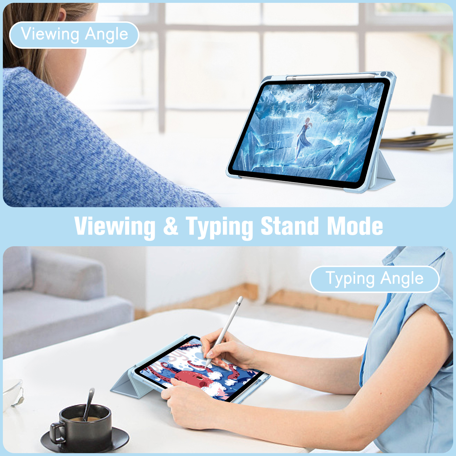 Zwei Bilder, die ein Tablet mit Hülle im Betrachtungs- und Tippständer-Modus zeigen.