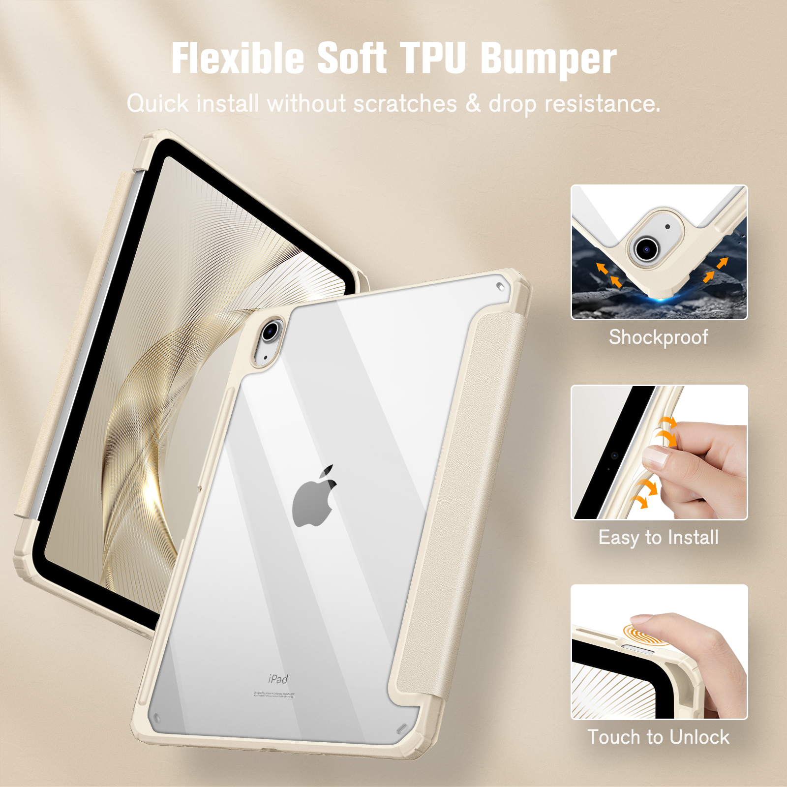 Transparente iPad-Hülle. Beige und transparent, mit Nahaufnahmen der Funktionen.