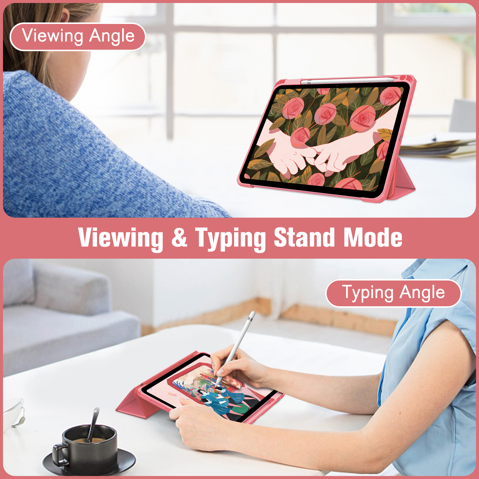 Tablet in rosafarbener Hülle mit Stift. Es liegt auf einem weißen Tisch. Text sagt „Viewing & Typing Stand Mode“.
