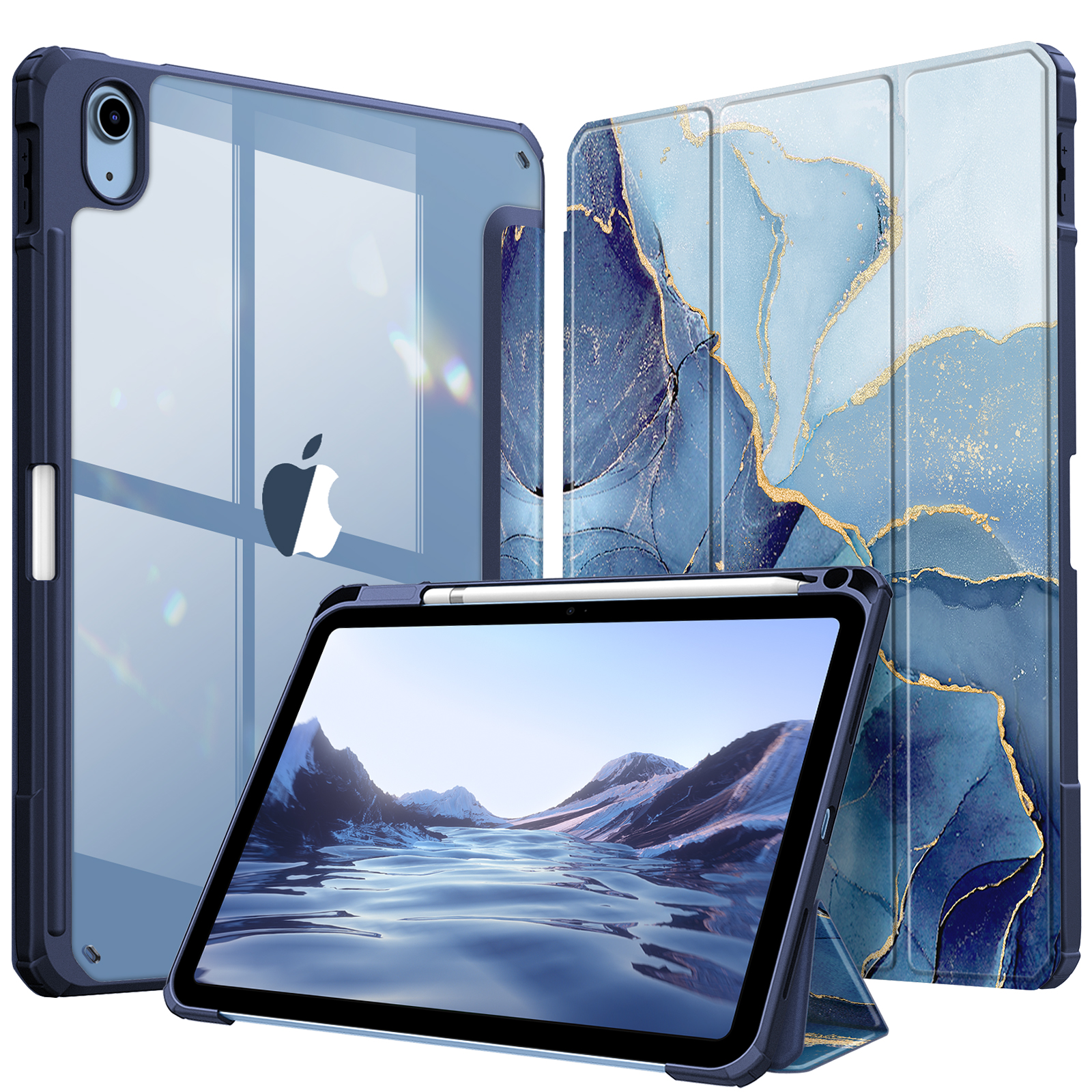 Blaue iPad-Hülle mit durchsichtigem Rücken und blauer Frontabdeckung mit Marmordesign und iPad mit Stift.