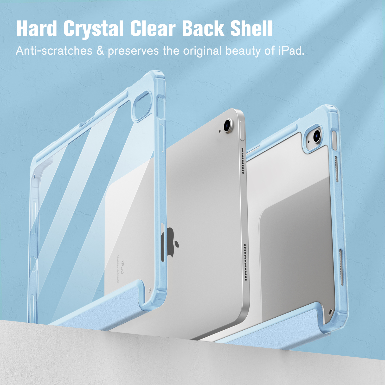 Drei iPad-Hüllen hintereinander, die mittlere ist transparent, mit blauem Hintergrund.