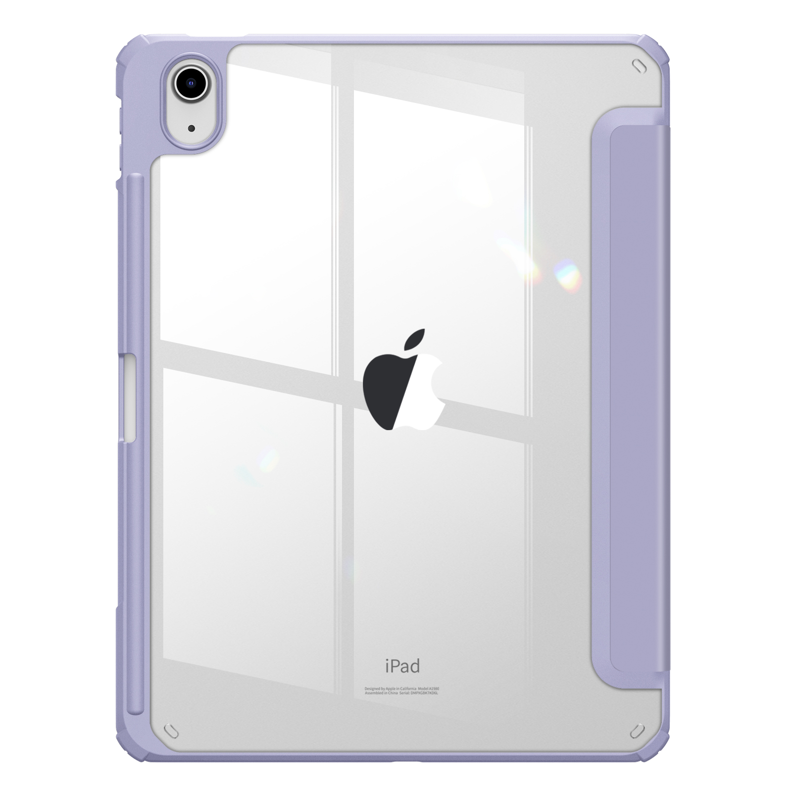 Lila iPad-Hülle mit Apple-Logo und klarer Rückseite. Die Hülle ist geöffnet. Weißer Hintergrund.