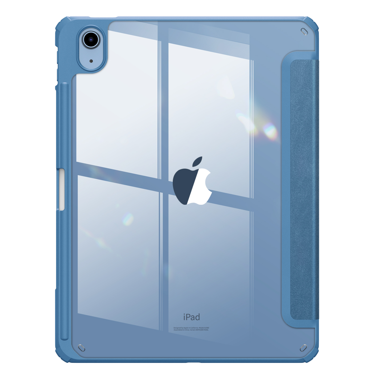 Blaue iPad-Hülle mit Stifthalter und transparentem Rücken, mit Apple-Logo.